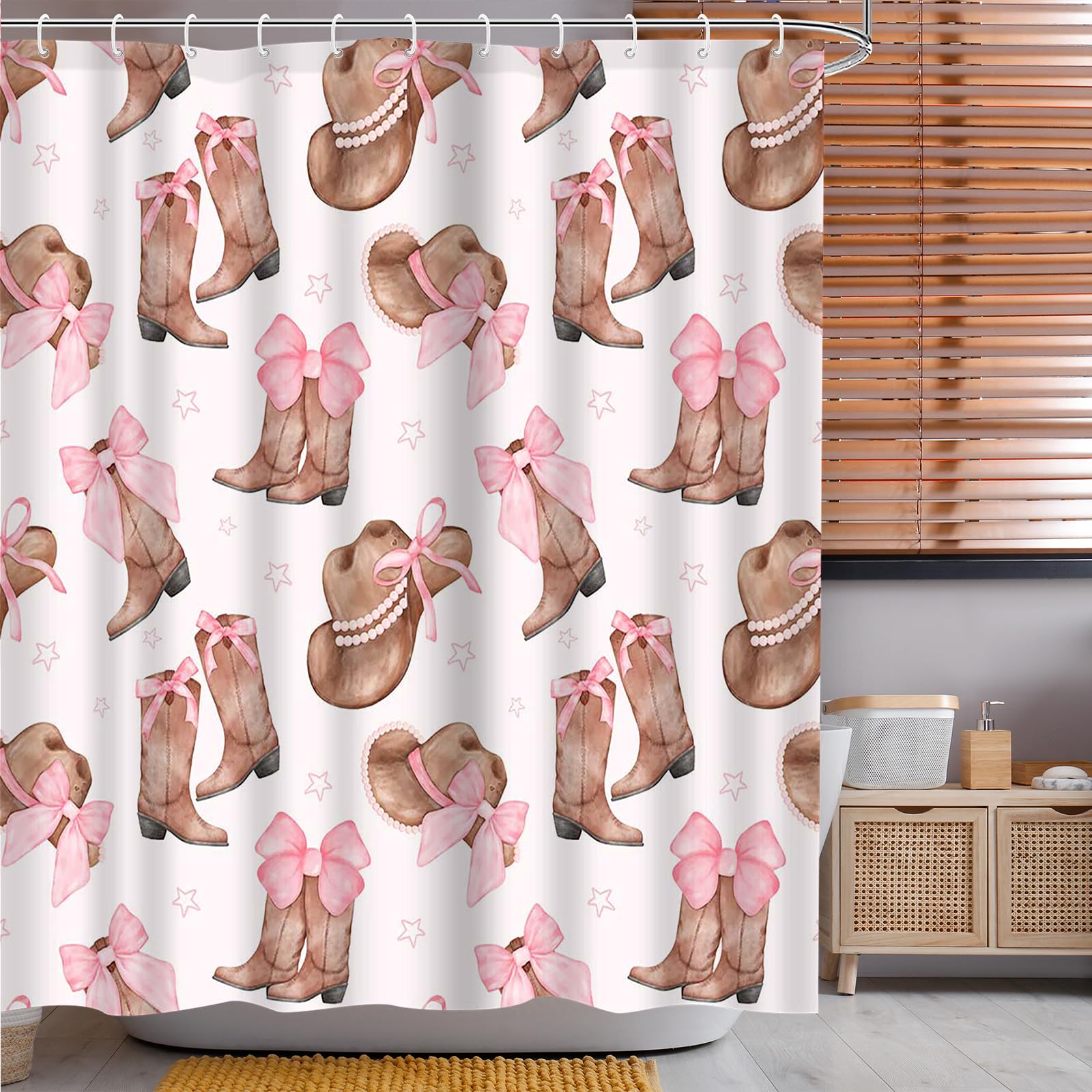Aperturee Cowgirl Bowknot Shower Curtain Set 72x72inch Pink Boots and Hat Design Ideal Holiday Bath Decor for Girls Bath Decorations with 12 Plastic