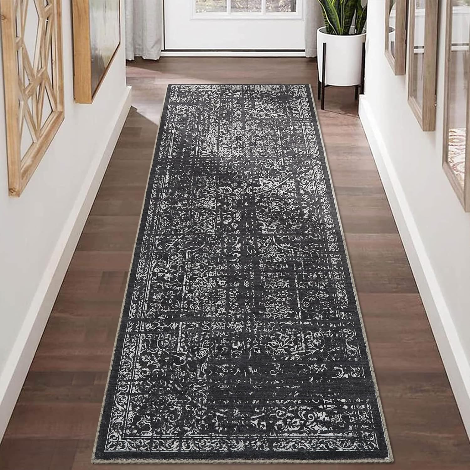 GarveeHome Hallway Runner Rug 2x6 - Black Kitchen Rugs Non Slip Washable Soft Touch Carpet Runner Rug Stylish Rug Runner for Home Kitchen Bedroom