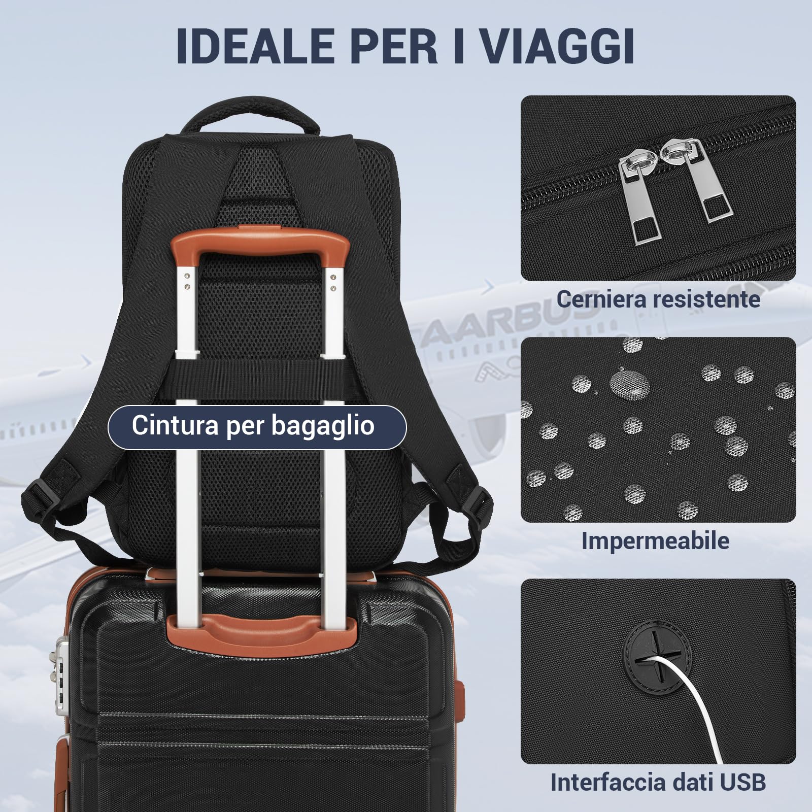 KONO Zaino 40x30x20cm Zaino da Viaggio per Ryanair Aereo Bagaglio a Mano 24L per Wizzair per Uomo e Donna,Nero
