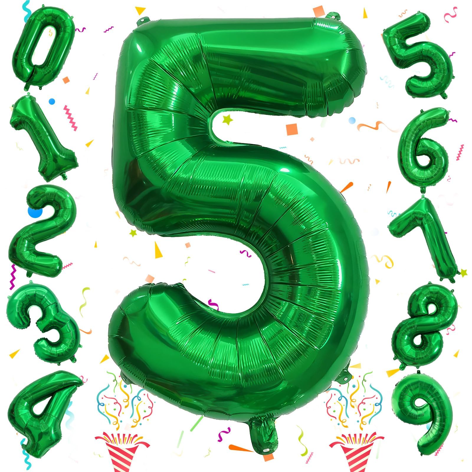 40 Inch Dark Green 5 Number Balloons, Large Foil Self Inflating 5th Birthday Number Balloon, 0-9 Set Number Ballons for Girls Men 25th 35th Birtyday