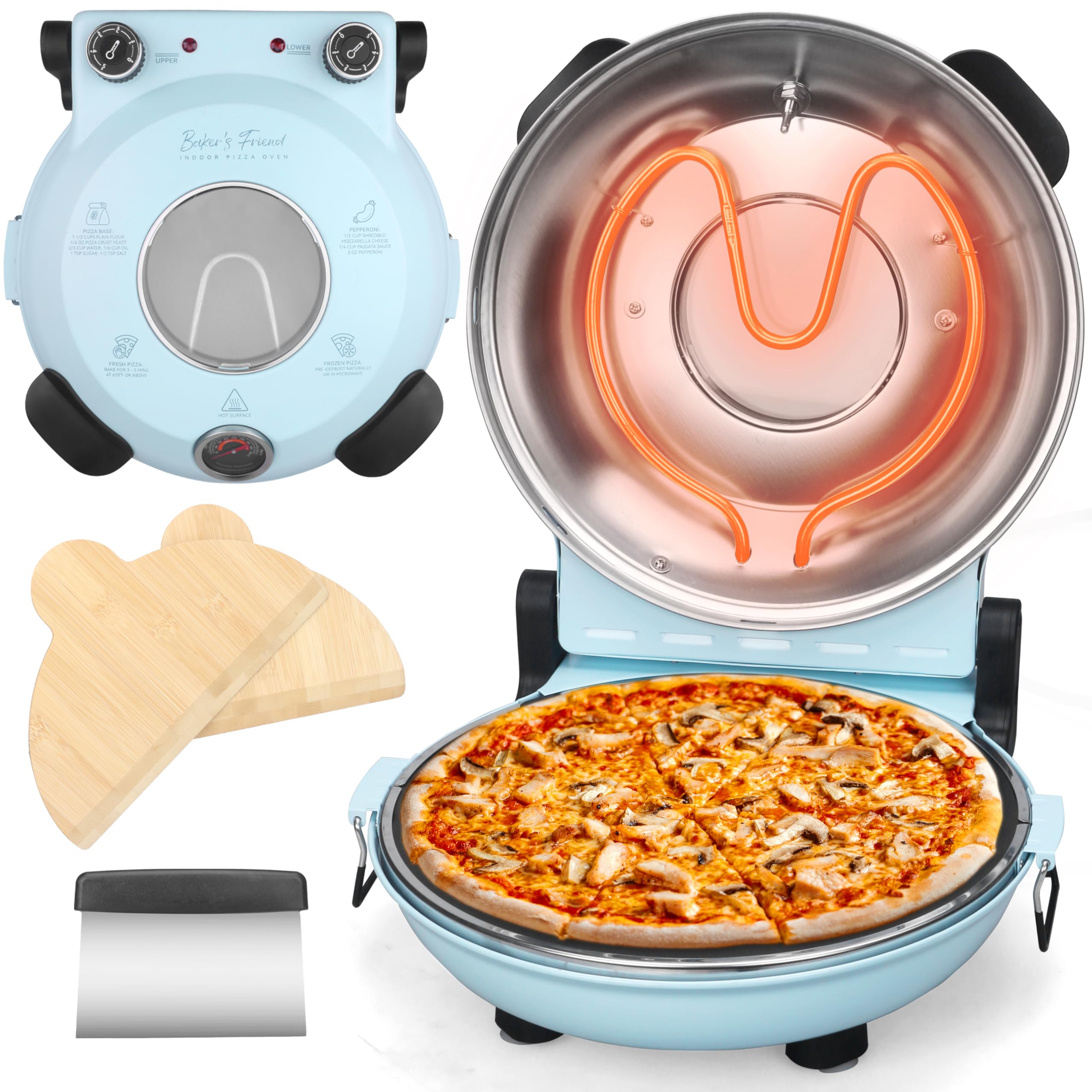 Electric Pizza Oven Indoor Countertop, 12 Inch Maker Machine for Home, Cooker & Grill, Premium Glazed Ceramic Stone Oven, Pale Blue