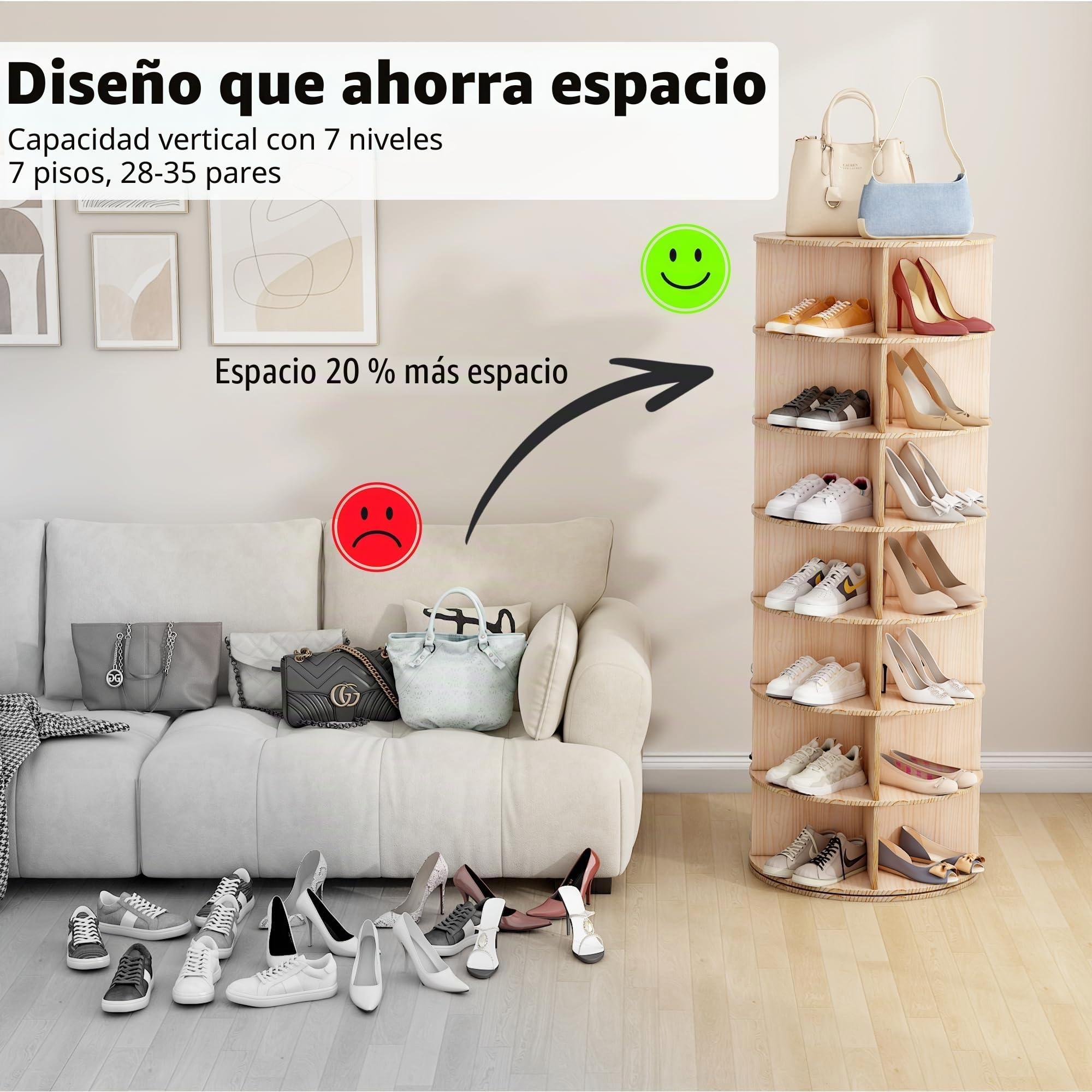Zapatero giratorio con 7 niveles, organizador de zapatos multifuncional estrecho, giratorio 360, almacenamiento, bolso redondo vertical, organizador de zapatos Organi Sation