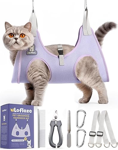 Loflaze Dog Grooming Hammock Harness for Dogs & Cats with Pet Nail Clipper Trimmer - Cat Hanger Sling for Trimming Clipping Nails- Dog Hammock Restraint Bag for Small Medium Large pet οΌ Purple XSοΌ - XS ( Legs Distance :3.2-9" / Max WοΌ20lb ) - Purple
