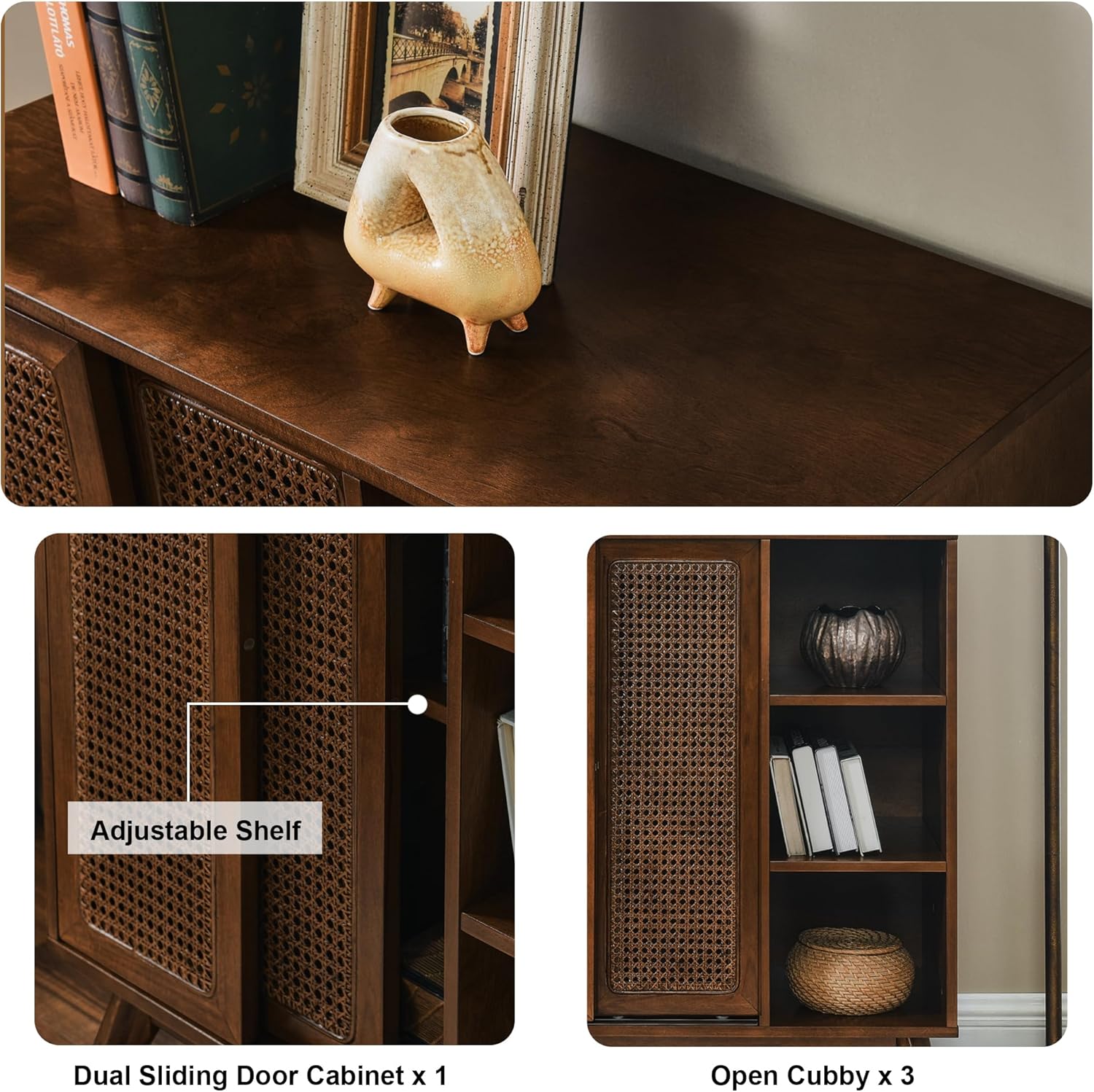 Amposei Mid-Century Modern Rattan Sideboard 31.5-Inch Entryway Storage Cabinet, Small Buffet Coffee Bar Cabinet with Sliding Doors for Living Room Hallway Entrance (Dark Wood)