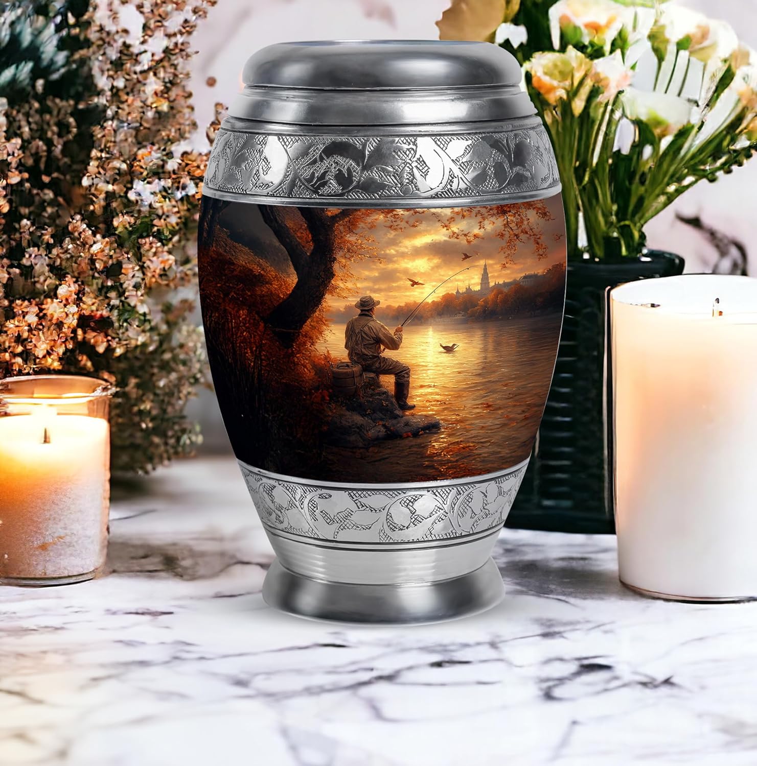 Fishing Small Urns for Human Ashes Keepsake, Fisherman Urn - Cremation Funeral Urn for Male, Keepsake Memorial Gift for Father & Mother, Small Urns for Ash, (10 Inch & 3 Inch Mini Set of 4)