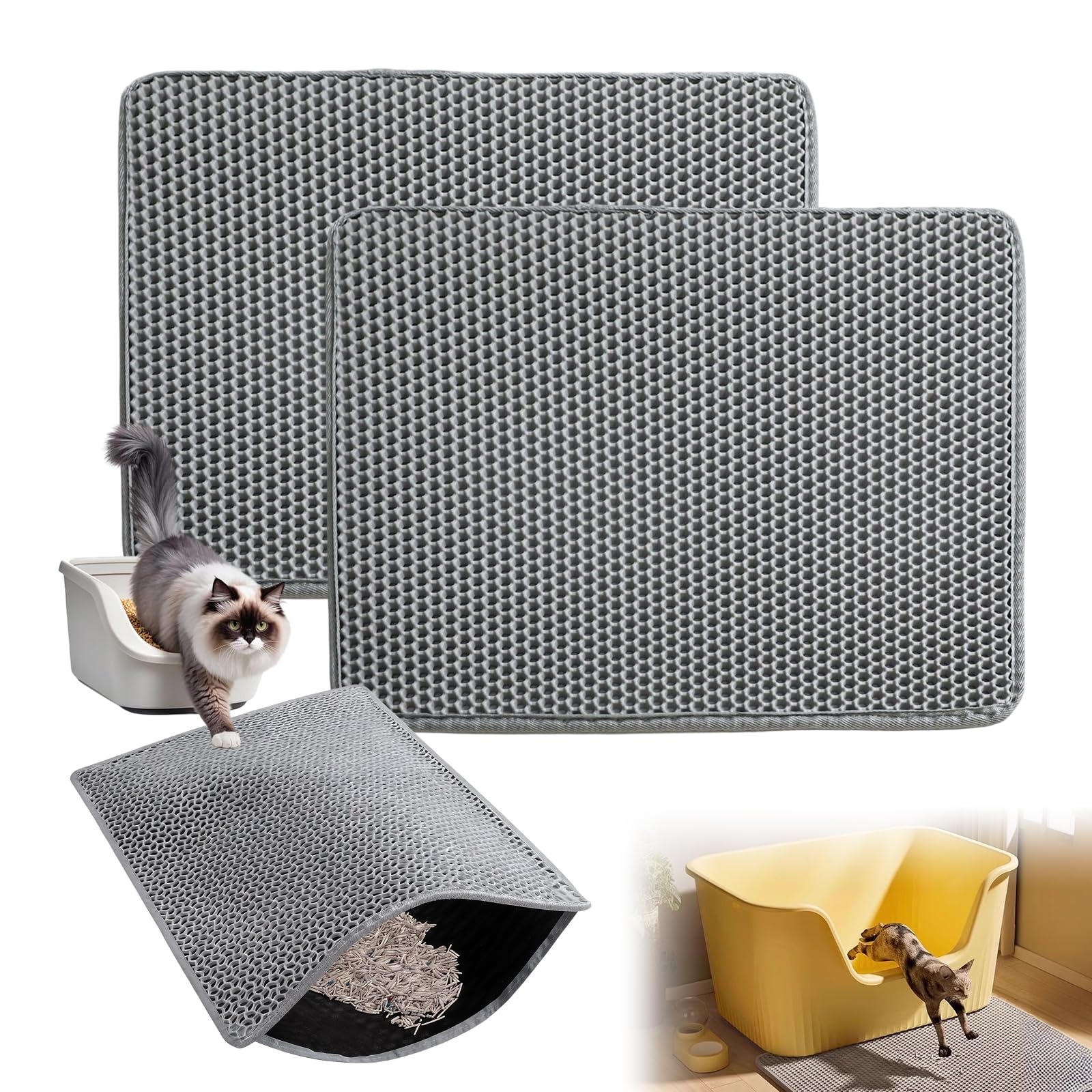 Husoue Gray 2 Pcs Cat Litter Tray Mat, 40 X 60 Cm Kitten Litters Box Mat Honeycomb Double Litter Trapping Mat Waterproof Non-Slip Eva Cat Litter Tray Liners (Gray)