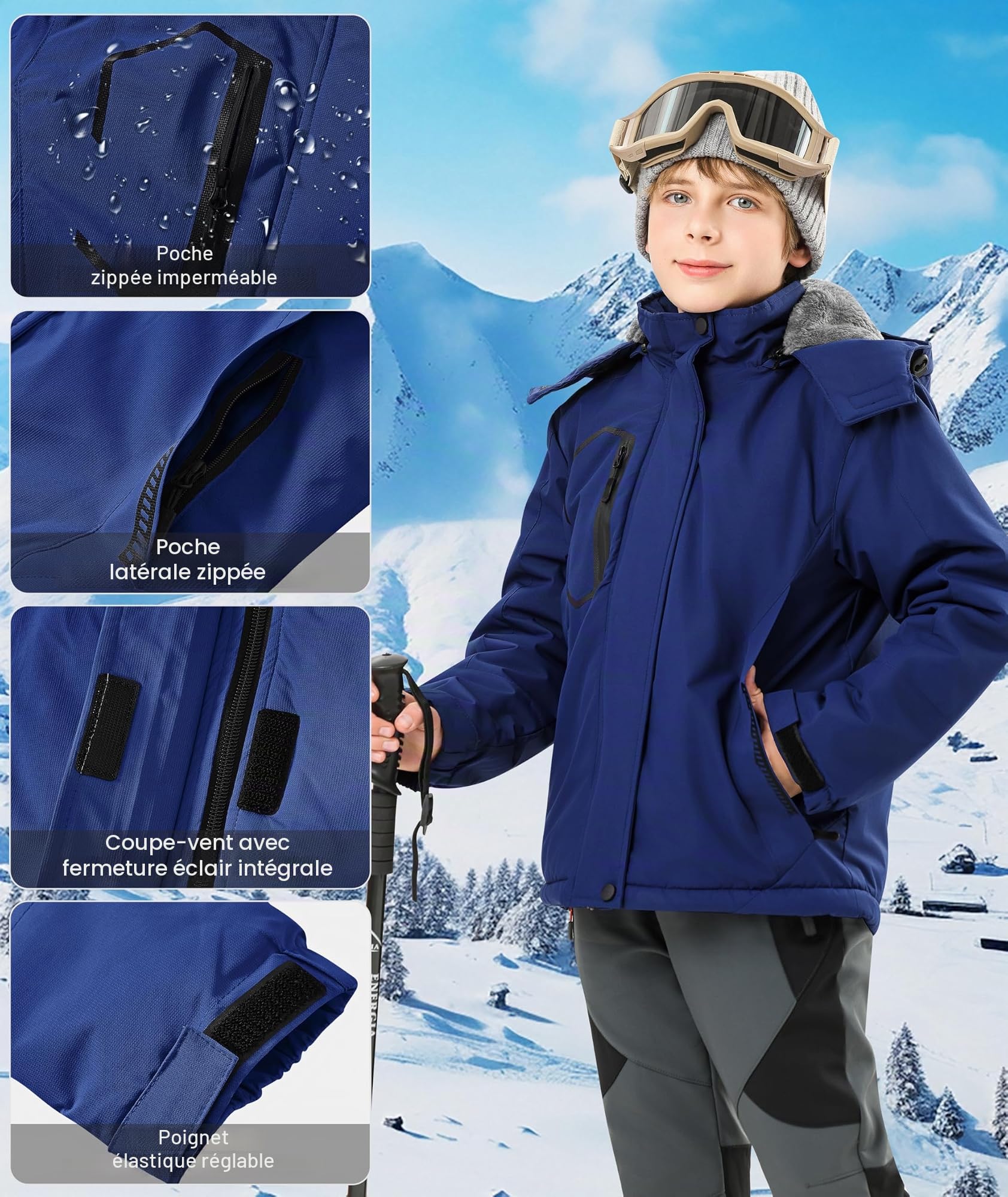 Zoofly Veste de Ski Enfant Imperméable avec Capuche Hiver Manteau Doublé Polaire Chaud