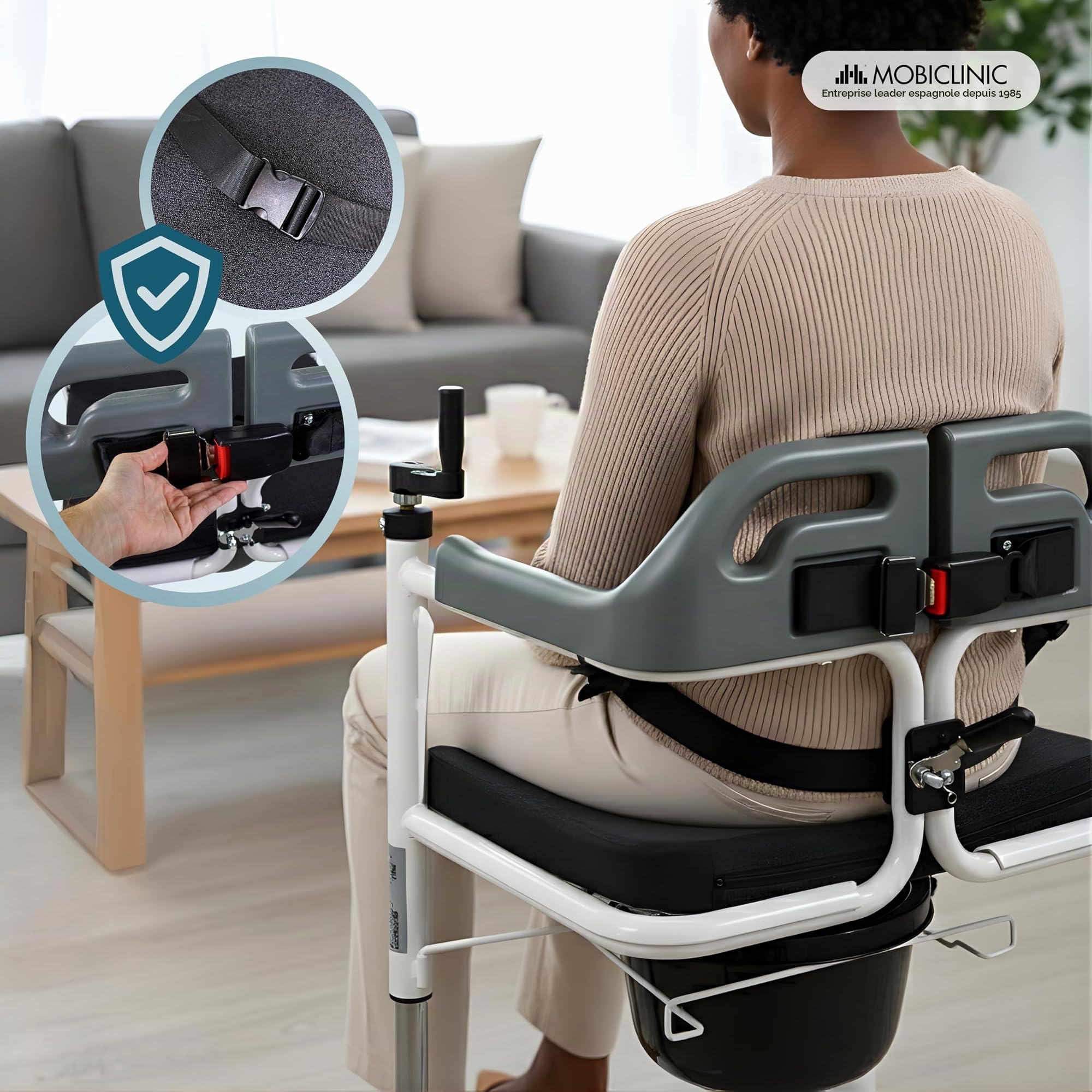 Mobiclinic®, Chaise Élévatrice de Transfert, Urinoir Amovible, Réglable en Hauteur, Double Système de Sécurité, Ouverture Latérale, Coussin, Roulettes avec Freins, pour Lit, Toilettes, Acier, Willy