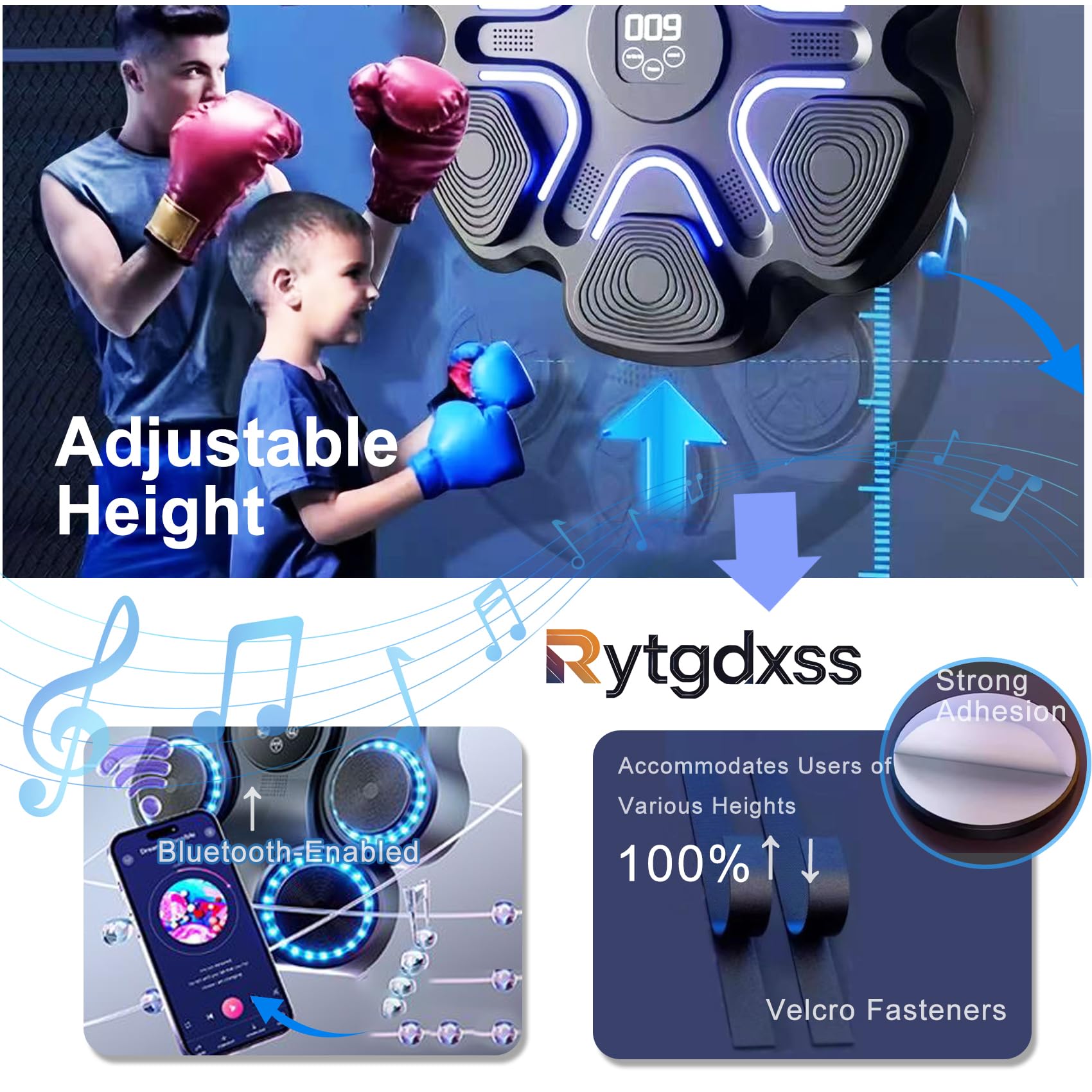 Music Boxing Machine,Macchina da Boxe Musicale,LED,Bluetooth,9 modalità di velocità,Conteggio,Guantoni da Boxe,Attrezzatura per Allenamento a Casa,Design Regolabile