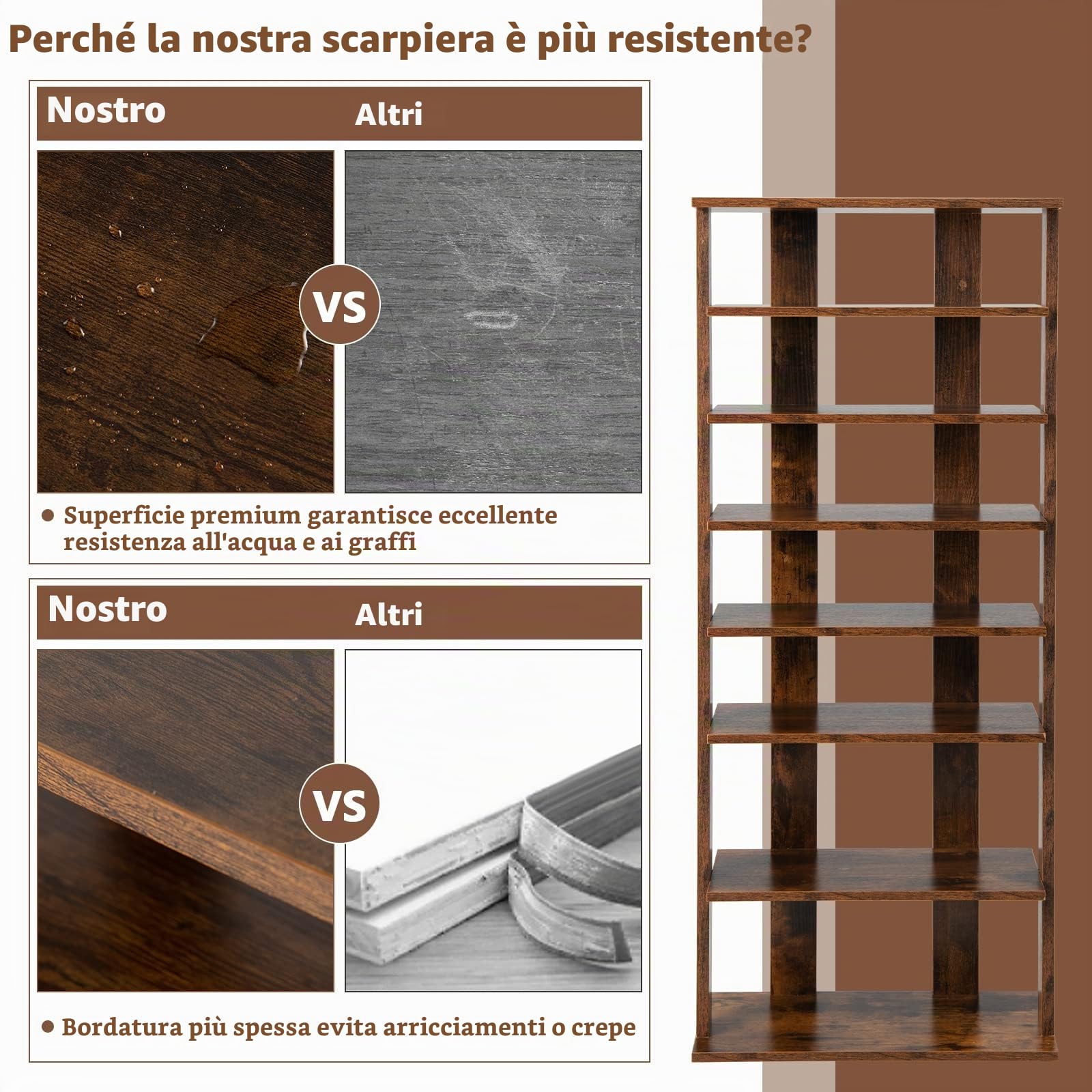 GIANTEX Scarpiera da Ingresso, Portascarpe a 7 Ripiani, Scaffale per 7/14 Scarpe, in Legno, Stretto e Compatto per Salvaspazio, 2 Size di 27,5x26,5x110 cm e 45x25x110 cm (Marrone, L)