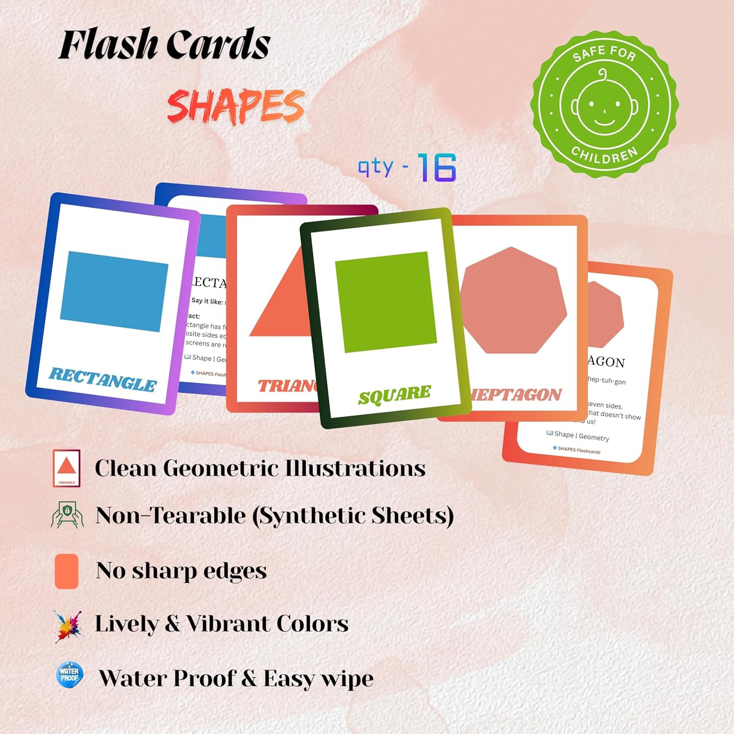 Shapes Flashcards – Non-Tearable Synthetic Learning Cards for Toddlers, Preschool & Kindergarten, Double-Sided Set