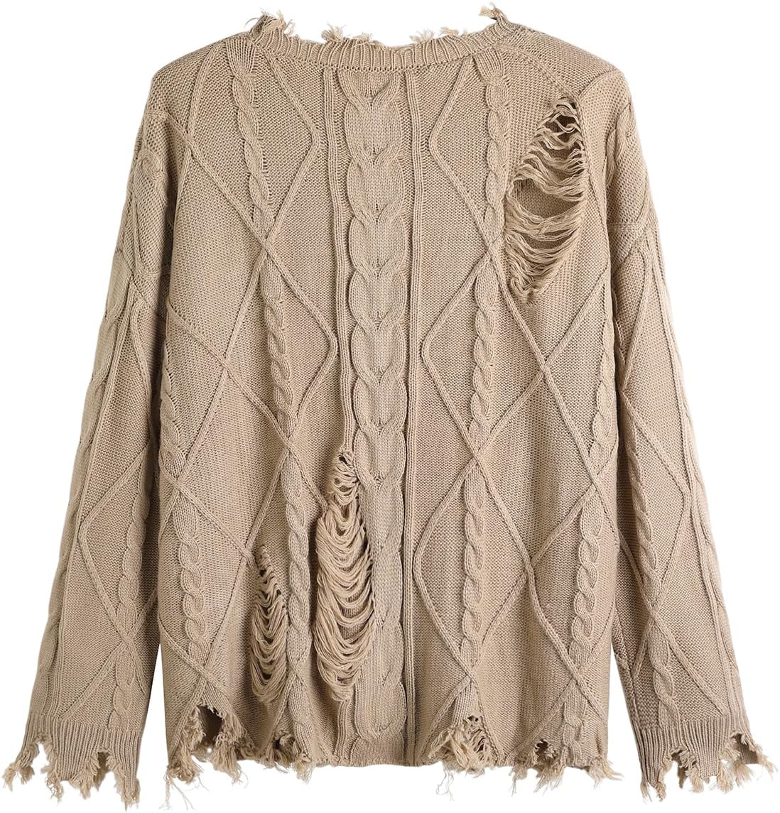 GABERLY Oversized Distressed Cable Knit Sweater Pullover with Frayed Edges Vintage Style Fall Winter Knitwear for Women - Image 2