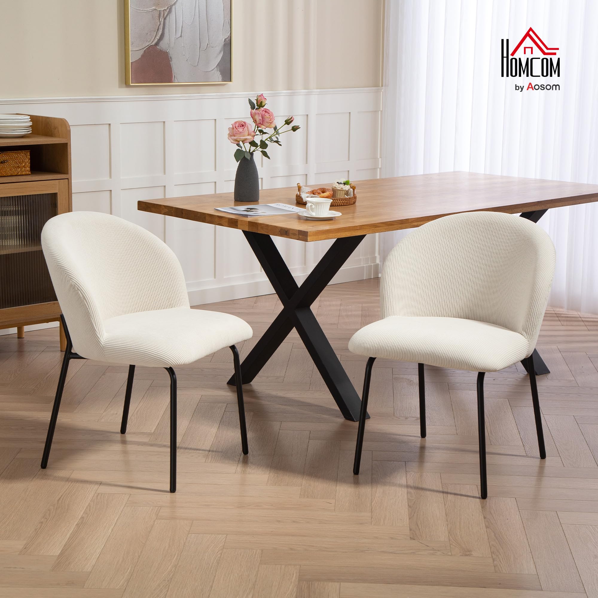 HOMCOM Lot de 2 Chaises de Salle à Manger en Velours Côtelé Cuisine Crème
