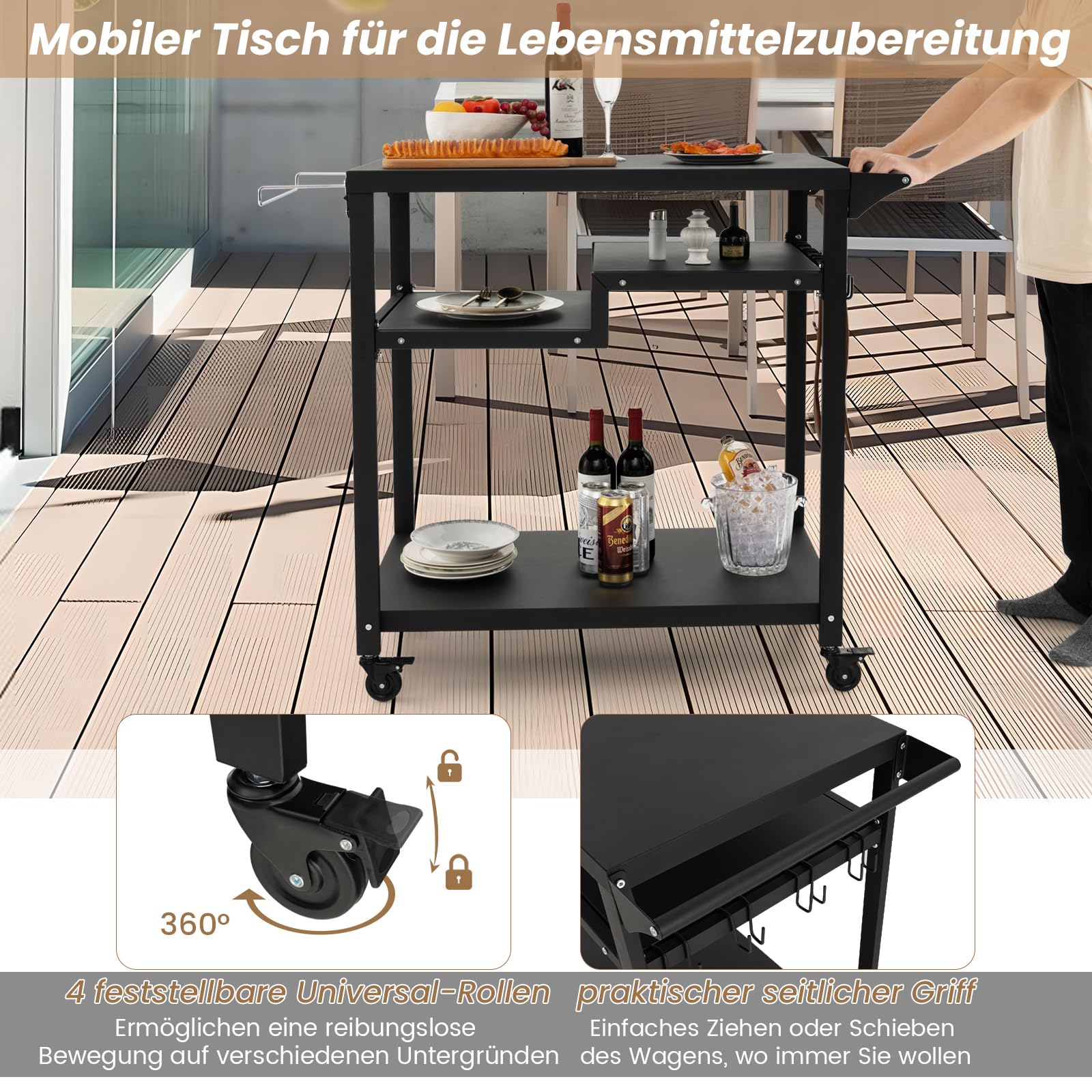 COSTWAY Grillwagen Grilltisch Outdoor, Pizzatisch mit 4 Ablagen & 4 Rollen & Haken, Grill Beistelltisch Servierwagen Garten Trolley für den Außenbereich, 85 x 50,5 x 93 cm (4 Ablagen)
