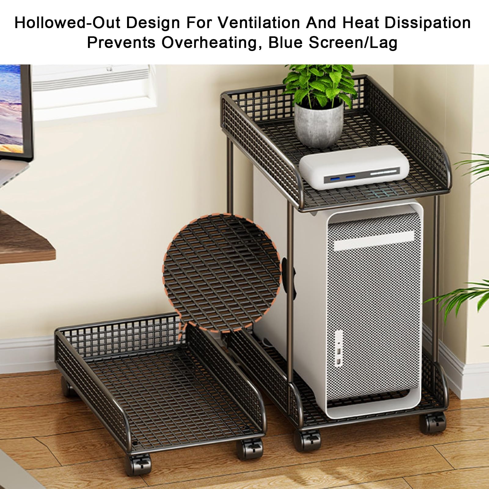 Soporte de CPU de 2 niveles con ruedas, soporte de torre de computadora de metal, carga máxima de 132 libras, diseño transpirable ventilado para juegos, oficina en casa