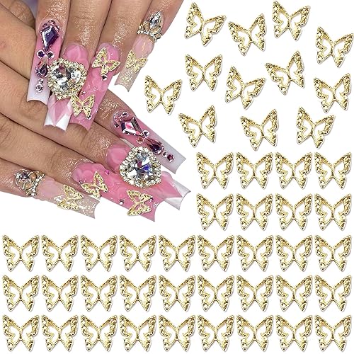 RODAKY 50 dijes de mariposa para uñas, aleación 3D, mariposas, gemas de metal dorado para uñas, decoración de uñas brillantes para mujeres, diseño
