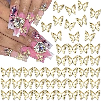RODAKY 50PCS Butterfly Nail Charms 3D Alloy Butterflies Nail Gems Gold Metal Butterfly Charms for Nails Shiny Nail Decoration for Women Manicure Design Nail Art Accessories