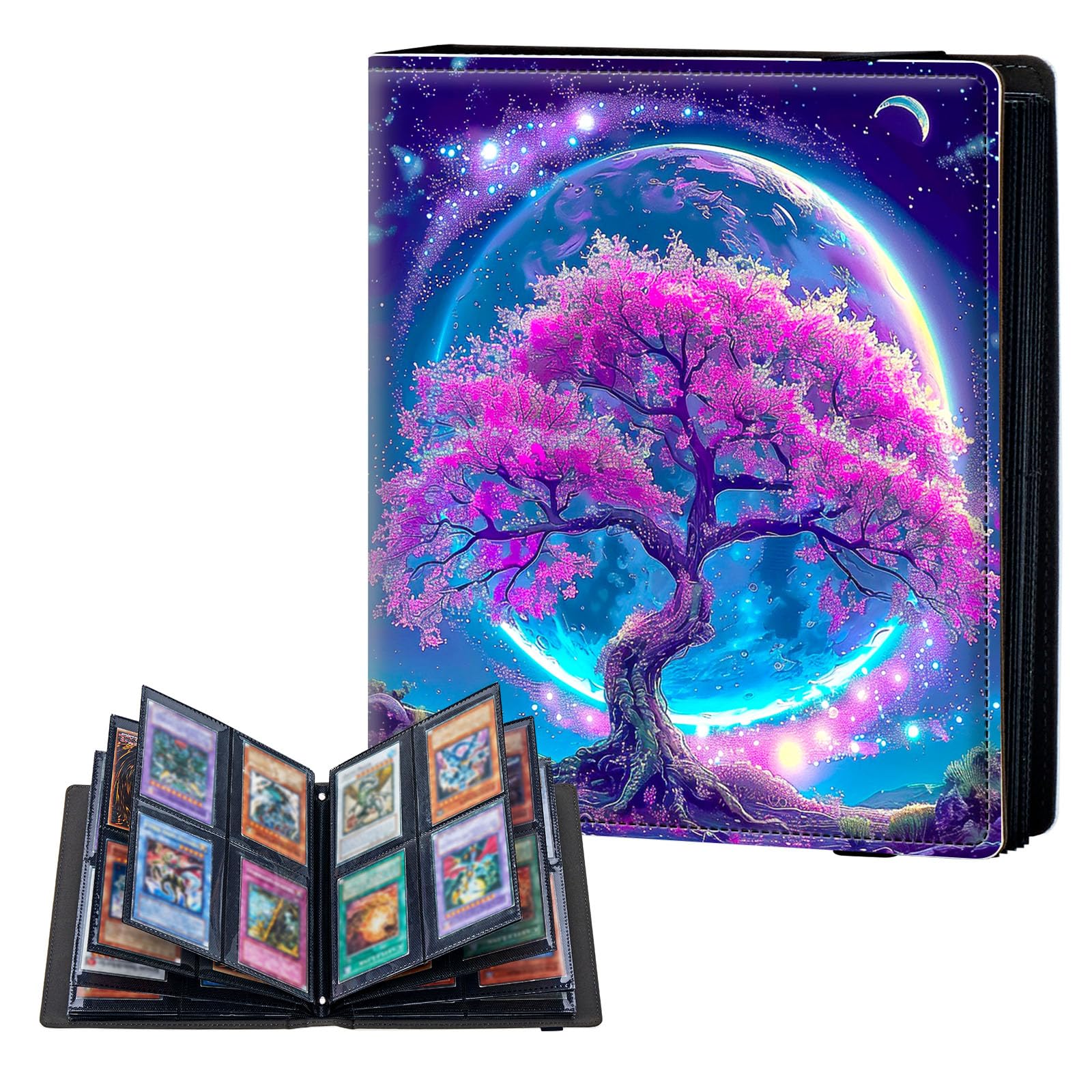 ETLKJVBL 4 Pocket Trading Card Binder, Card Collection Binder for TCG, MTG, Sports Cards, Baseball, Moon Tree Trading Card Book Holder for Collectors, Top Loader Binder