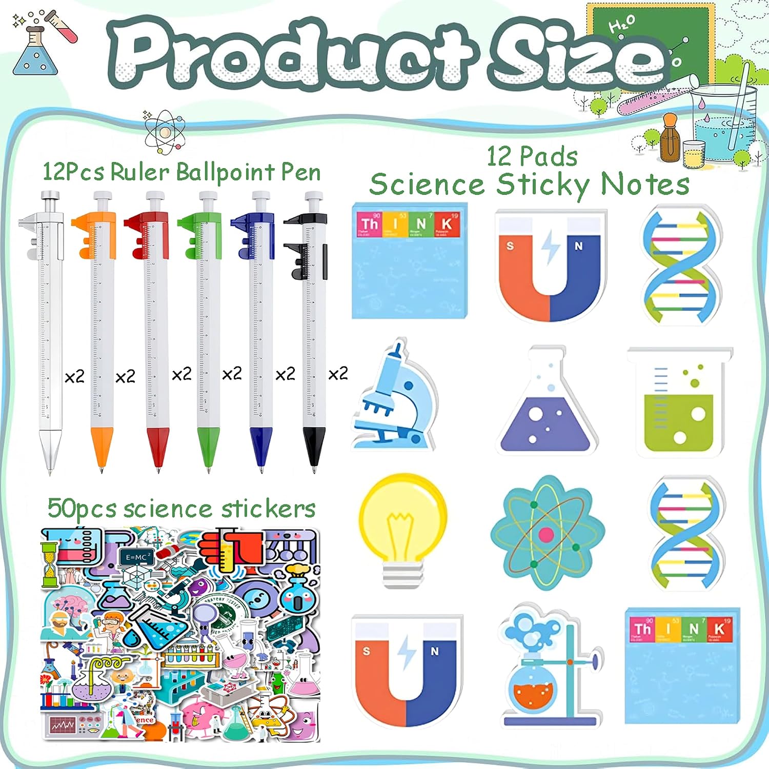 Science Party Stationery Gift Set with 12 Sticky Notes, 12 Ballpoint Pens and 50 Stickers for Science Themed Birthday Party Decorations Supplies Goodie Bag Fillers School Rewards image 2