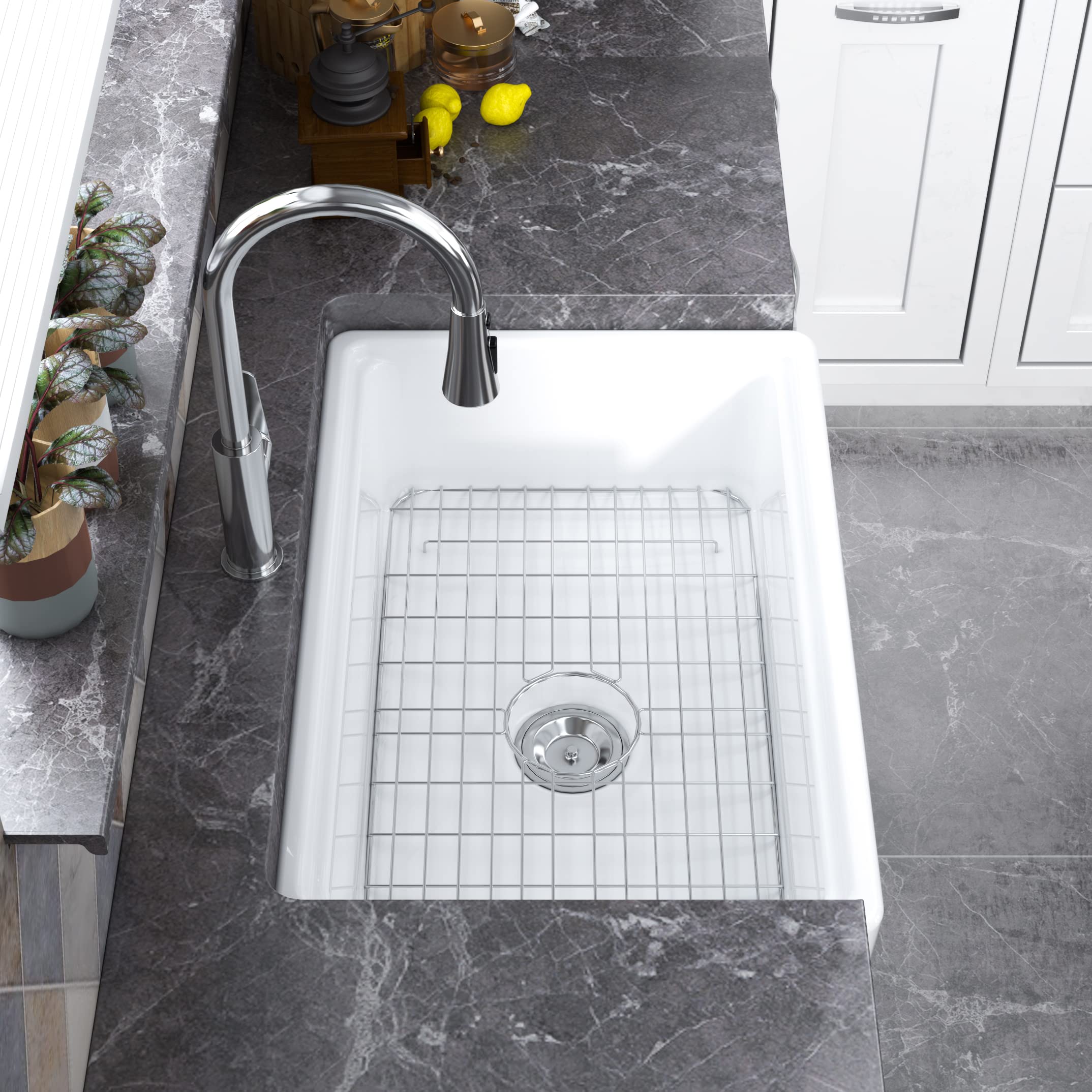 MEJE 76.2 x 50.8 CM Grembiule-front Rim Rim Workstation Farmhouse Lavello da cucina, ciotola singola in ceramica con tagliere, griglia e filtro - bianco