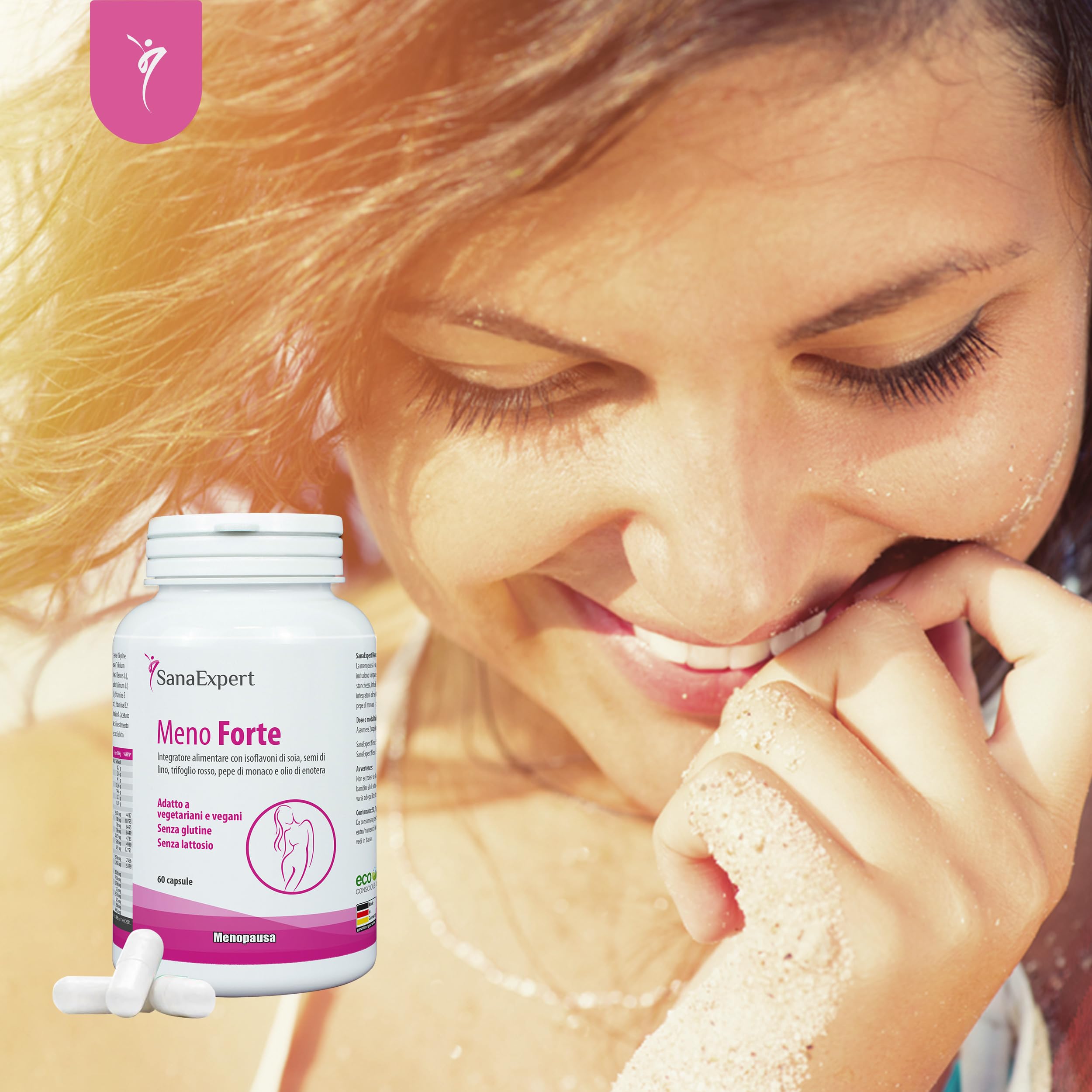 SanaExpert Meno Forte - Integratore Naturale per Alleviare i Sintomi della Menopausa - Con Isoflavoni di Soia, Calcio, Selenio e Vitamine - 60 Capsule - Prodotto in Germania