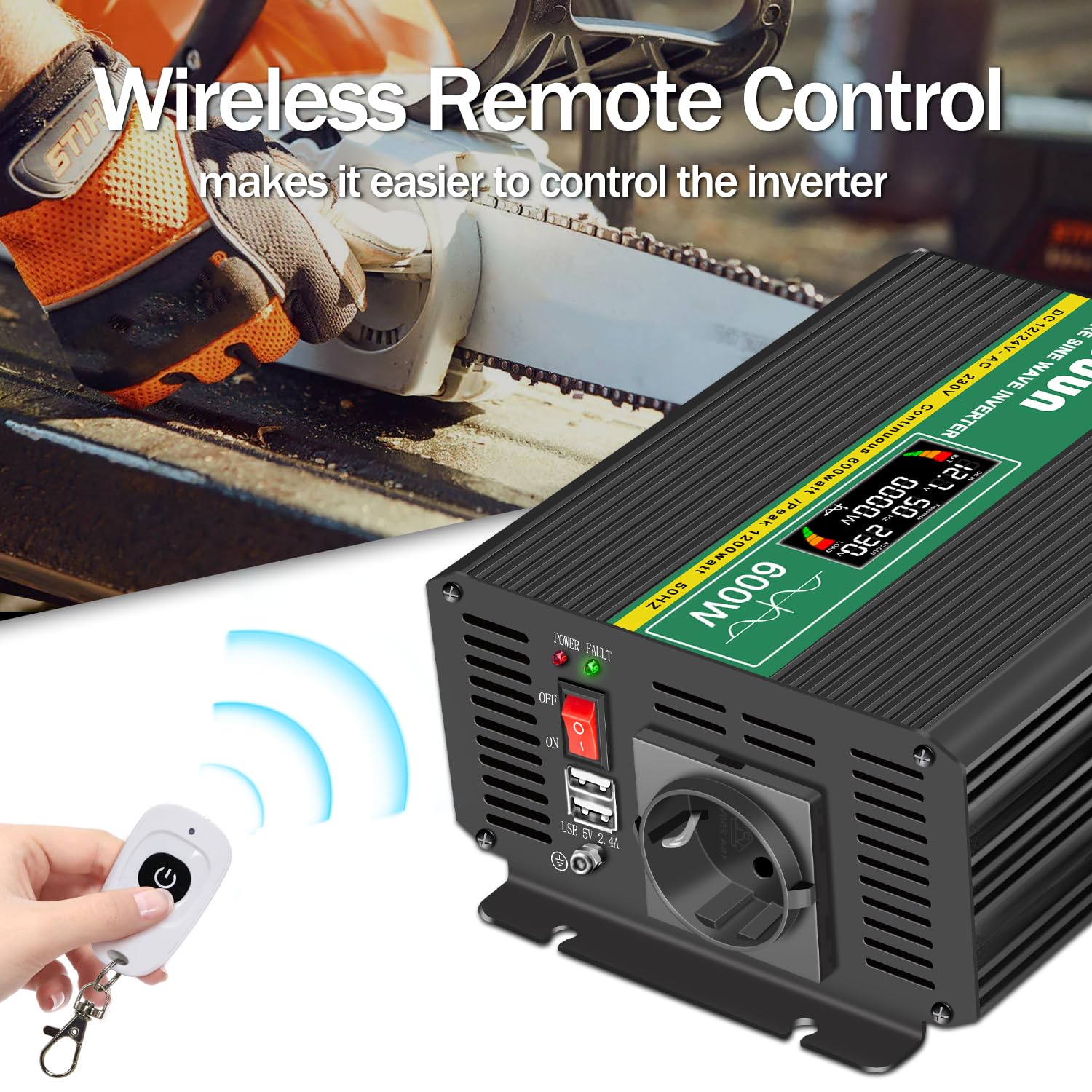 JIGUUN 3000W omvormer 12v naar 230v zuivere sinus Converter inverter met draadloze afstandsbediening LCD-scherm 2 Eu-stopcontact & 1 USB-poort Piekvermogen 6000W voor auto, camping, reizen