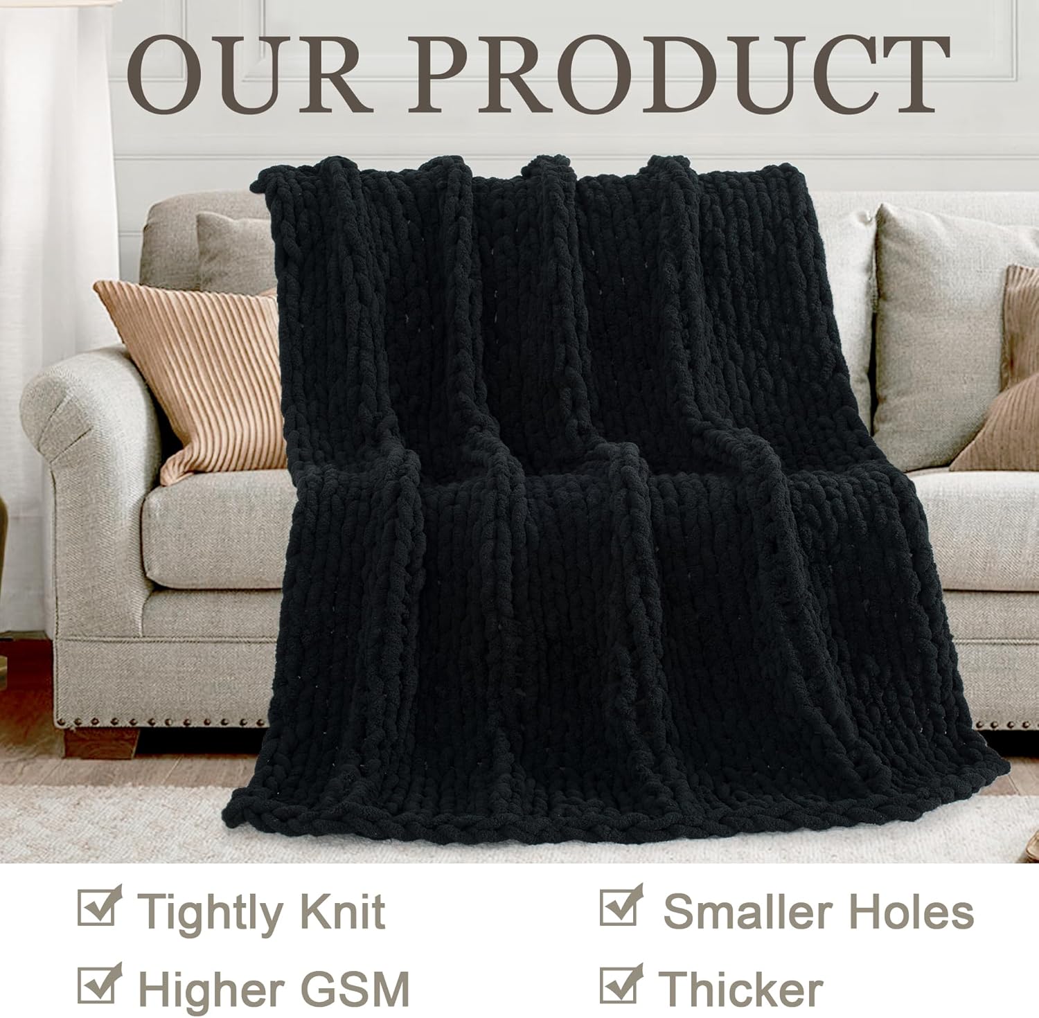 Chunky Knit Throw Blanket 50"X 60", 100% Handmade with Soft Chenille Yarn, 4.4lbs Thick Cable Knitted Blankets, Large Rope Knot Crochet Throws for Couch Sofa Bed Home Decor, Black - Image 4