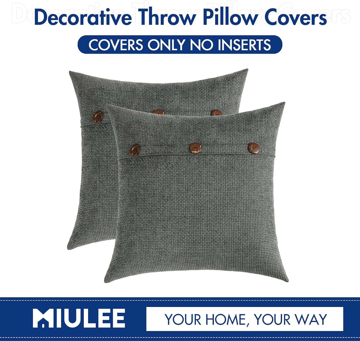MIULEE Decorative Farmhouse Couch Pillow Covers Triple Button Rustic Vintage Pillowcases Cushion Cases for Living Room Sofa Home Decor Pack of 2 20X20 Inch Black
