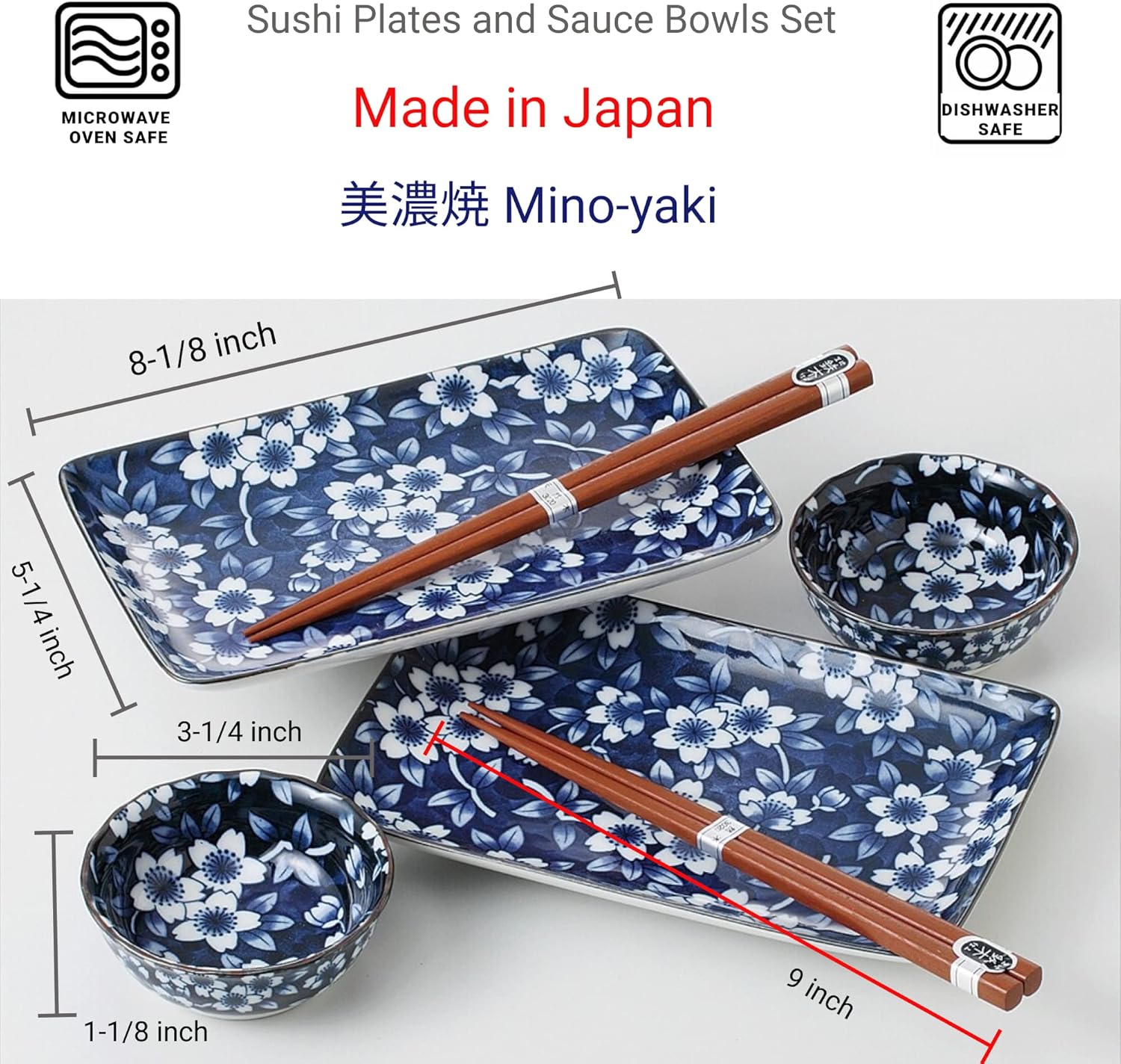 JapanBargain 4687, Japanese Sushi Set Porcelain Sushi Plates Soy Sauce Dipping Bowls and Chopsticks Gift Set, Navy Blue Sakura, Made in Japan