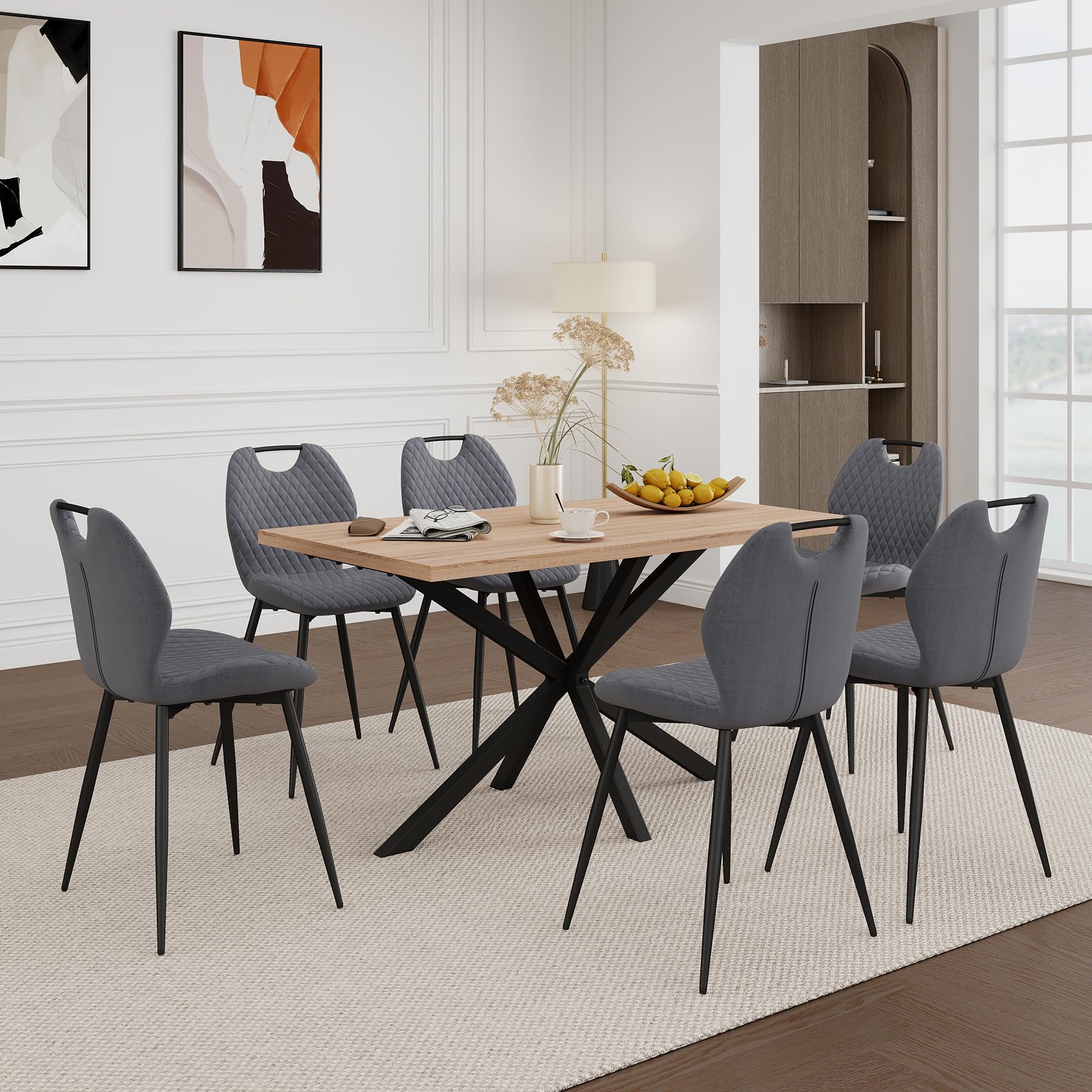 GrandCA HOME Juego de Mesa y Sillas de Comedor de 7 Piezas,Mesa Cuadrada de 140 cm,6 Silla de Comedor Tapizada en Terciopelo holandés,Adecuado para Cocinas,Comedores (Madera Clara+Gris)