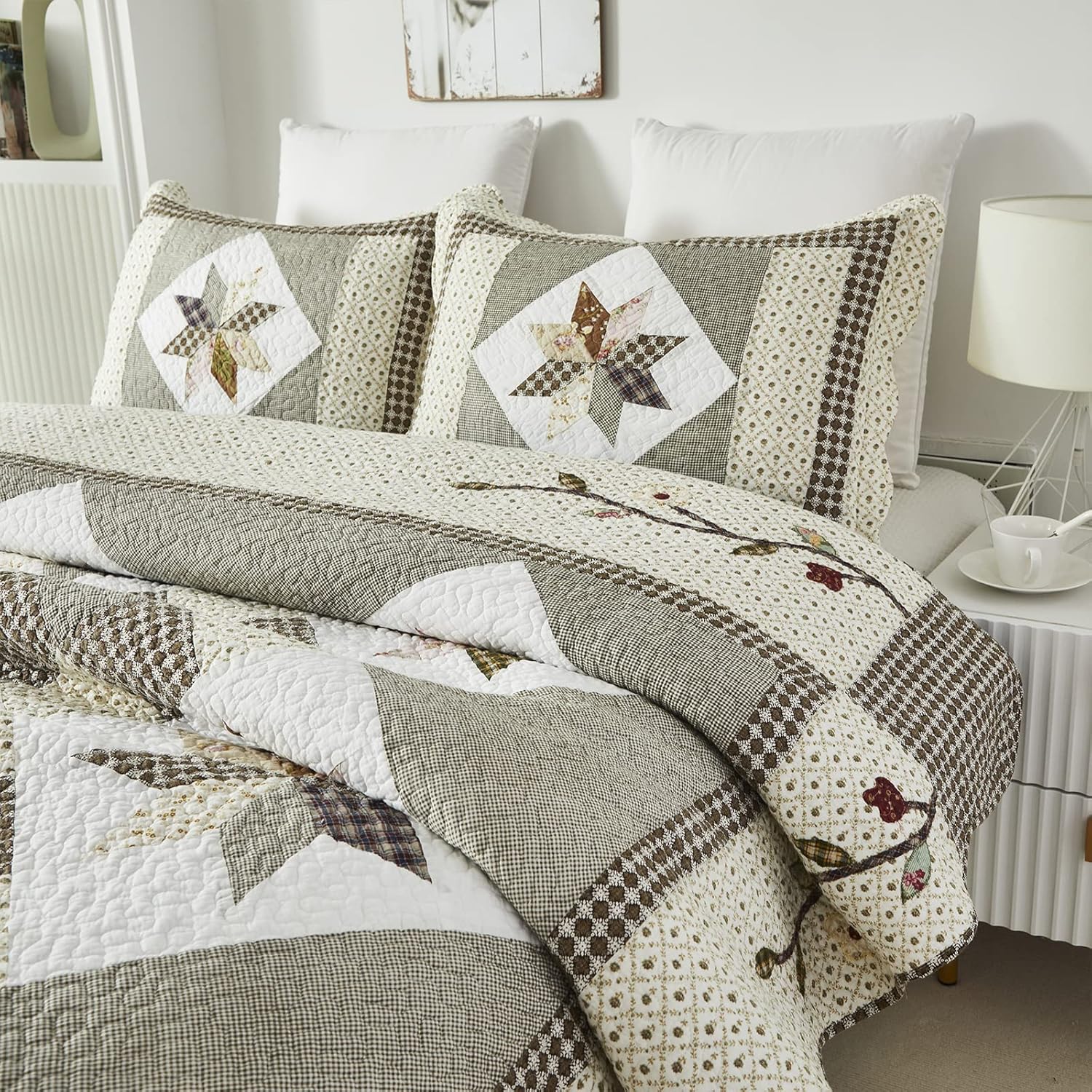 Brandream King Size Luxury Patchwork Quilts Cotton Farmhouse Quilted Comforter Set Vintage Quilt Bedding Set