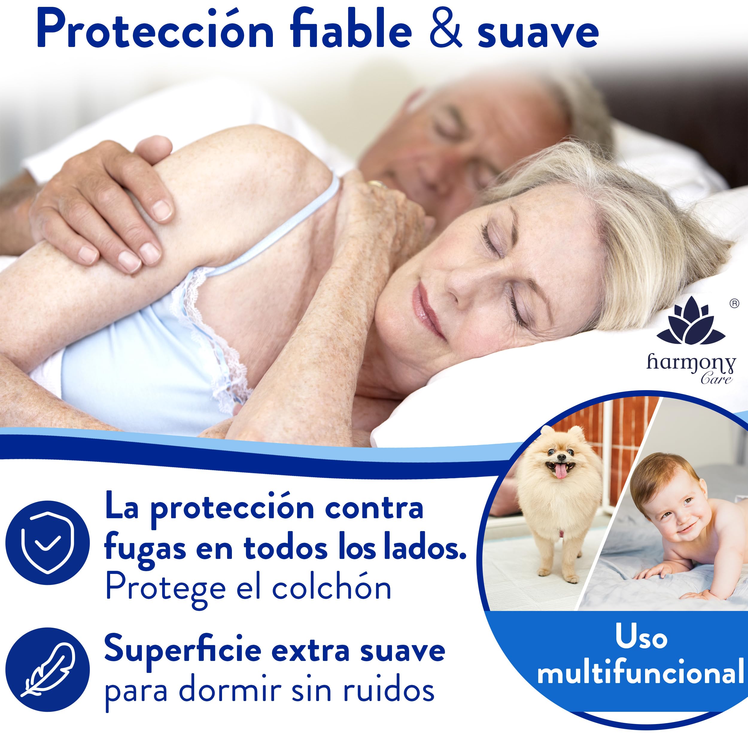 Harmony Care® 50 x Protectores de Cama con Tiras de fijación – 60 x 60 cm absorbentes – Almohadillas Antideslizantes Desechables para incontinencia