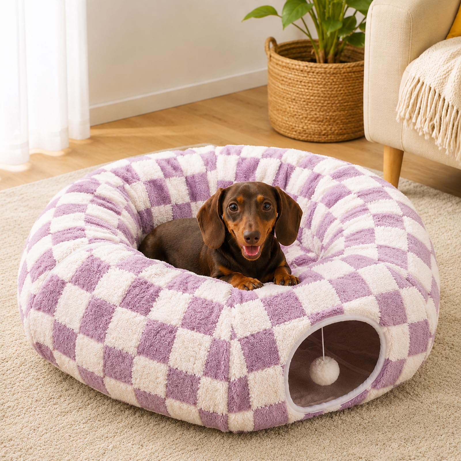 2026 New Dachshund Tunnel Bed - Flower Design Plush Foldable Dog Bed, 2 in 1 Detachable Dog Cat Tunnel Bed for Indoor Cats Tunnel Donut with Cushion and Play (Purple)