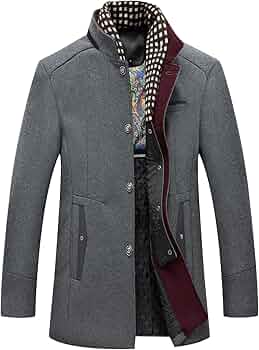 KTWOLEN Men's Wool Coat Mid-Length Trench Coat Stand Collar