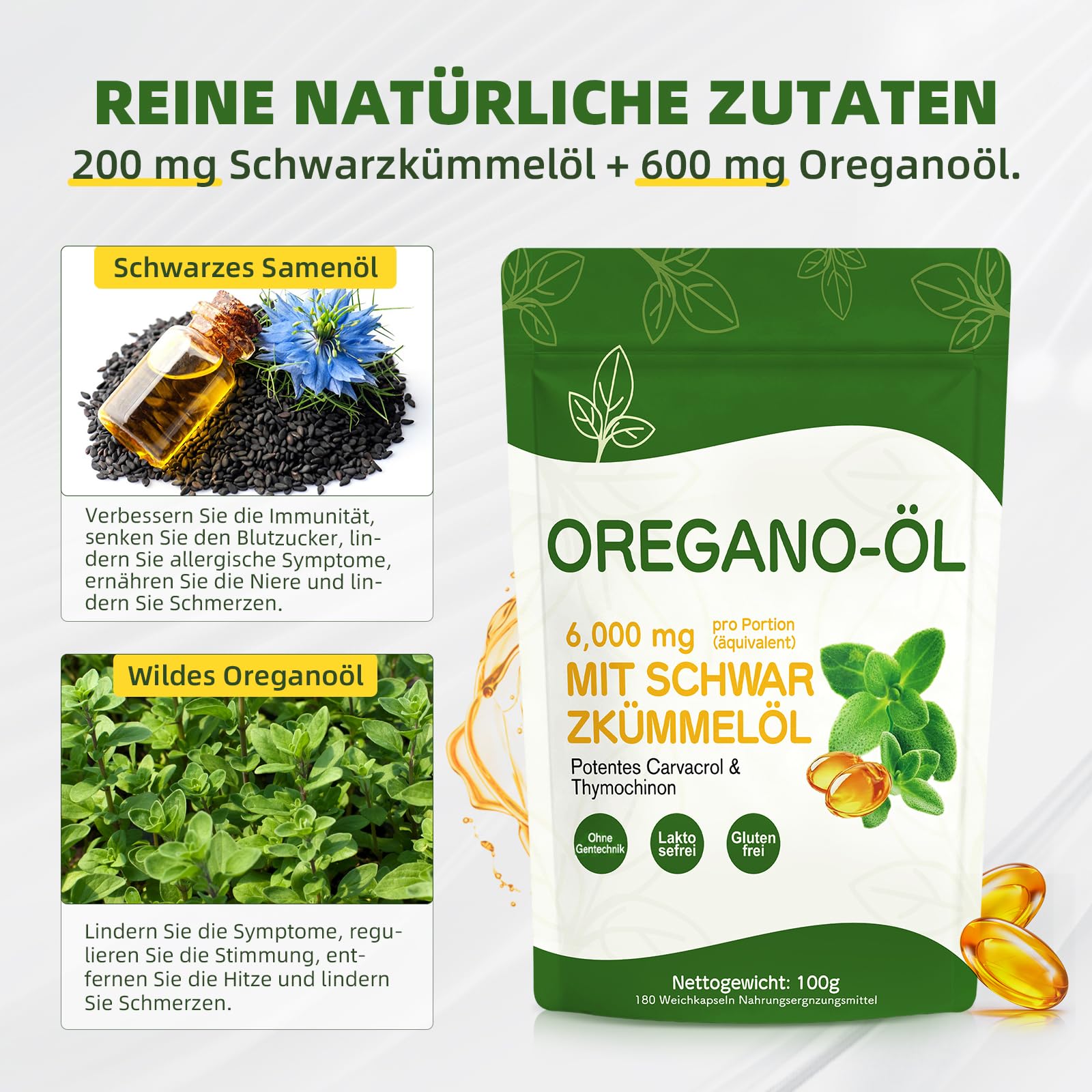 Oregano Öl Kapseln 6000 mg, 180 Softgels – 2-in-1 Oreganoöl mit Schwarzkümmelöl