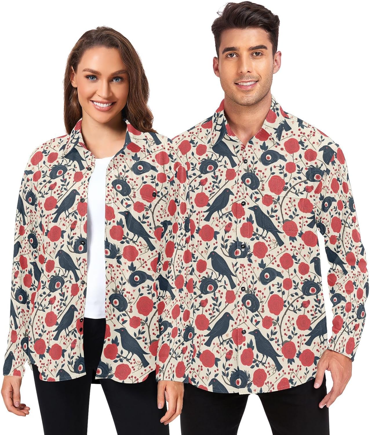 Red Roses with Eyeballs and Black Crows Mens Womens Cotton Rugby Shirts Formal Long Sleeve Business Work Tops