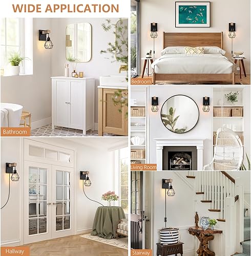 Miniatura 7 de Juego de dos apliques de pared enchufables, lámparas de pared de madera vintage con cable de enchufe, lámpara de pared de granja con cable de