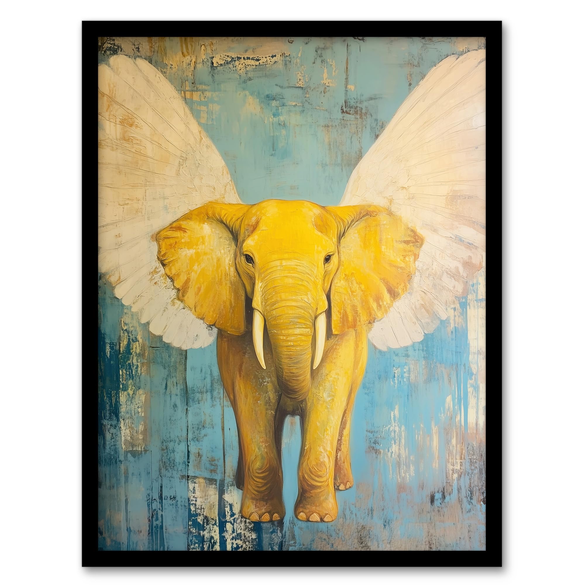 Artery8 Yellow Elephant With Angel Wings Oil Painting Living Room Artwork Framed Wall Art Print A4