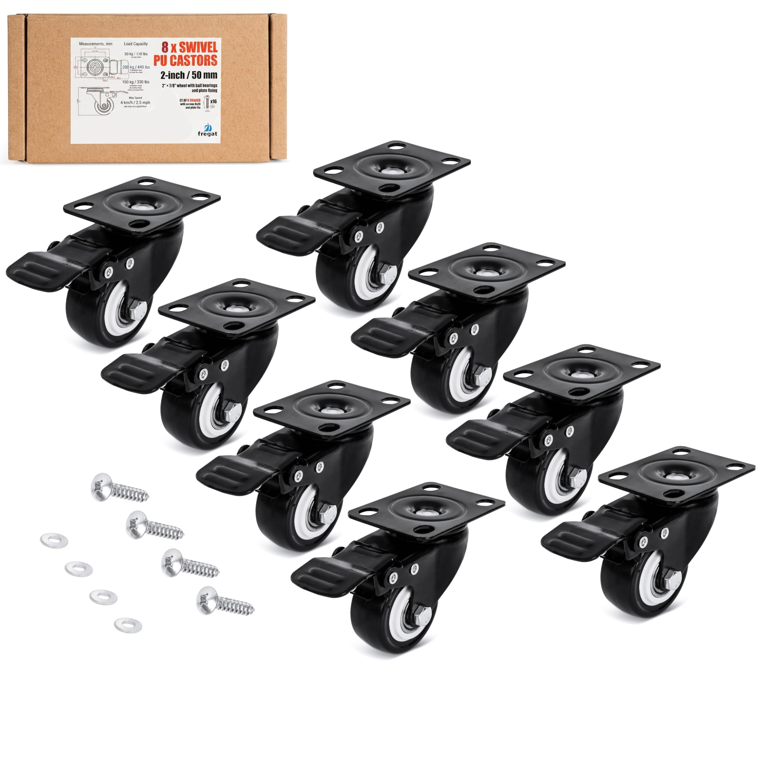 50mm/2in PU Braked Swivel Castors Set of 8, Screw Fixing, Ball-Bearing
