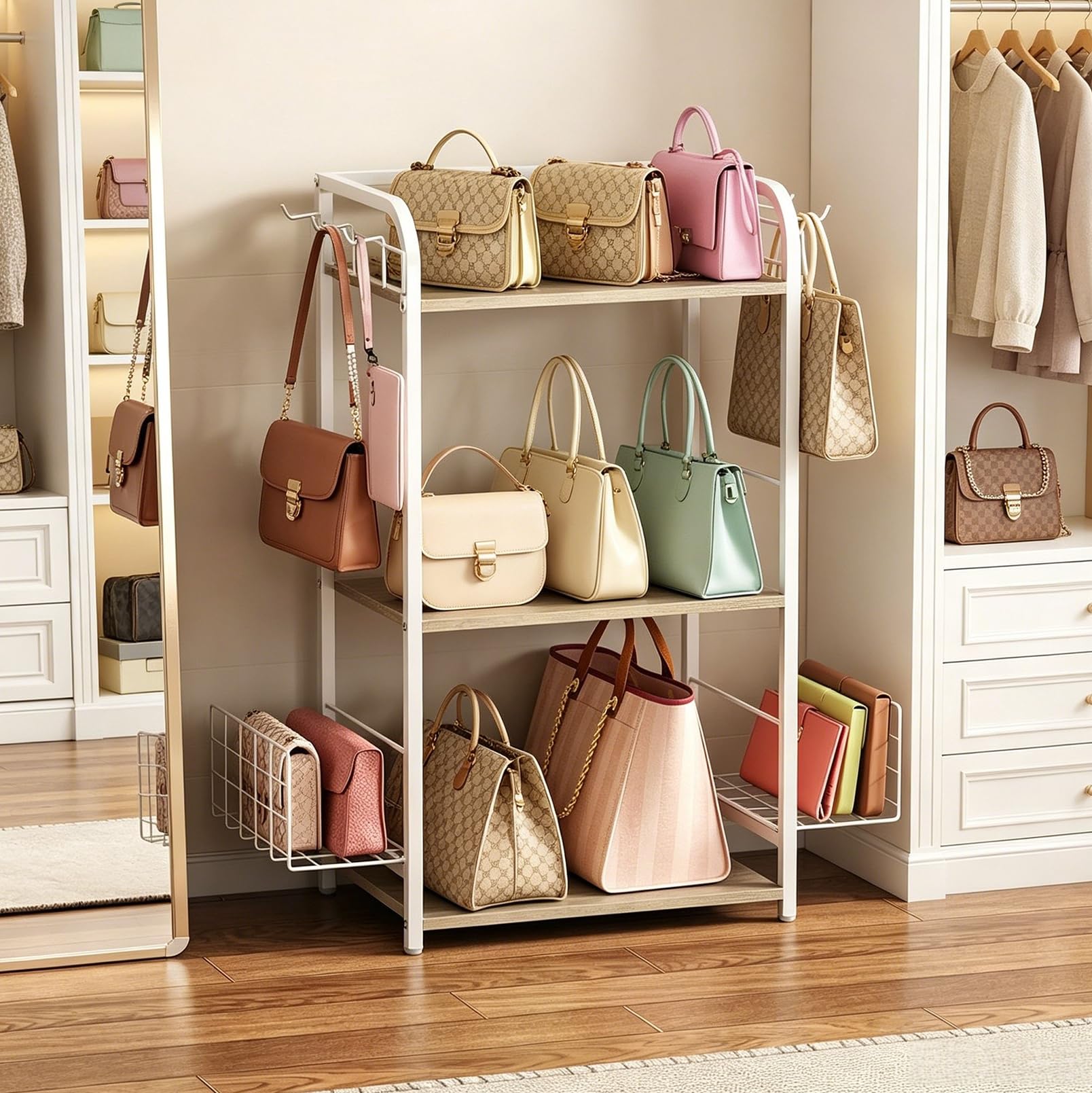 3-Stöckiges Handtaschen-Organizer-Regal, Freistehender Bag Storage Halter | Mit Verstellbarem Korb und Seitenhaken, Robuste Aufbewahrung, Für Kleiderschrank, Schlafzimmer, Wohnzimmer, Flur
