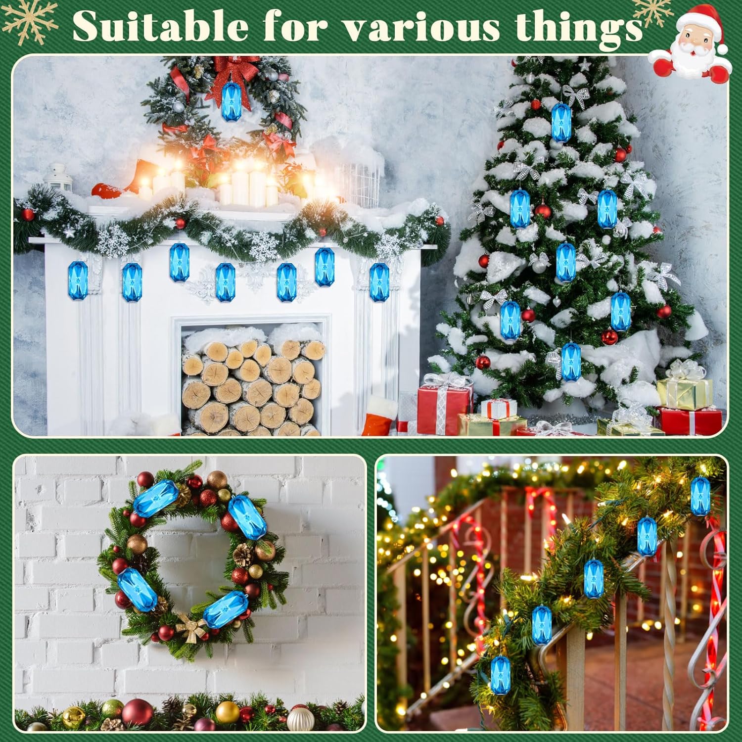 Syhood 4 Pack 5.7 Inch Jewel Ornament Acrylic Blue Jewel Ornaments for Christmas Tree Glitter Christmas Tree Hanging Decorations Gemstones for Xmas Wedding Holiday Party Decor(Rhombus) - Image 4