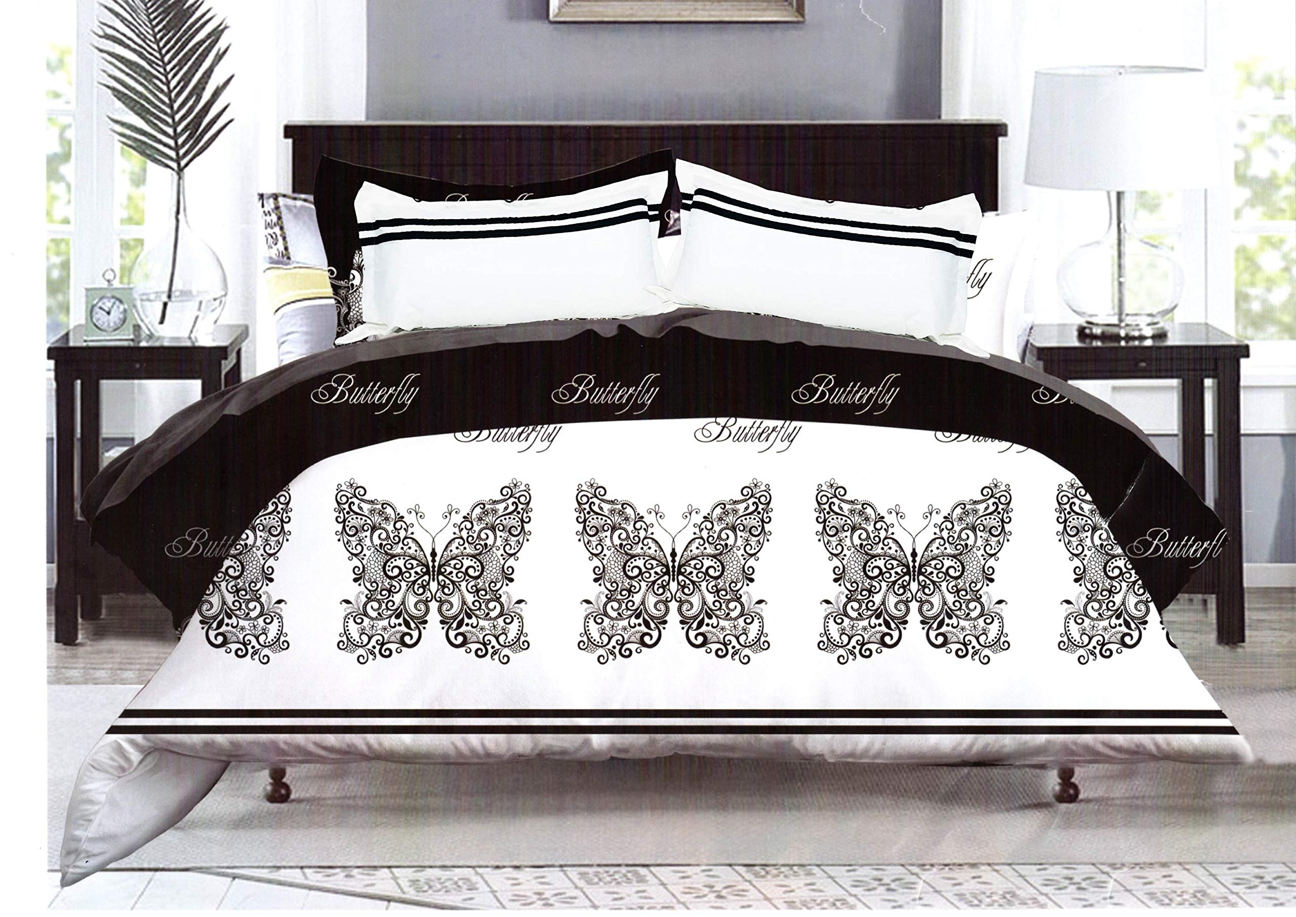 Housses de couettes avec taies d'oreiller et draps housses lit double king size noir et blanc