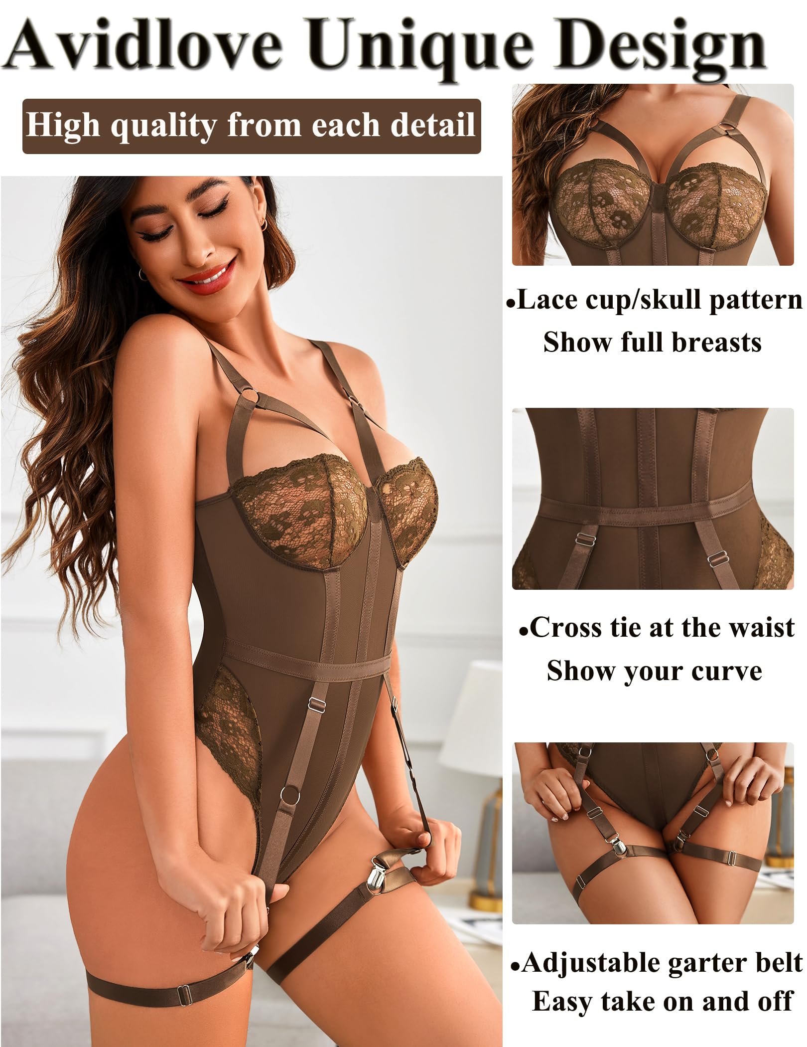 Avidlove Lingerie Sets for Women Sexy Lace Skull Corset with Garter Belt One Piece Teddy Bodysuit