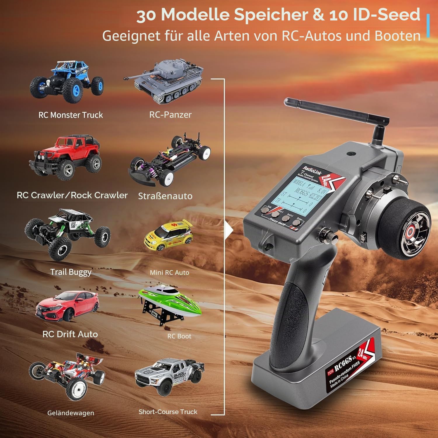 Radiolink RC6GS V3 2,4 GHz 7-Kanal-RC-Fernsteuerung und R7FG-Gyro-Empfänger | RC-Fernsteuerung mit Empfänger-Set, 600 m Reichweite, RC-Fernbedienung mit und Empfänger-Set für RC-Autos/Boote