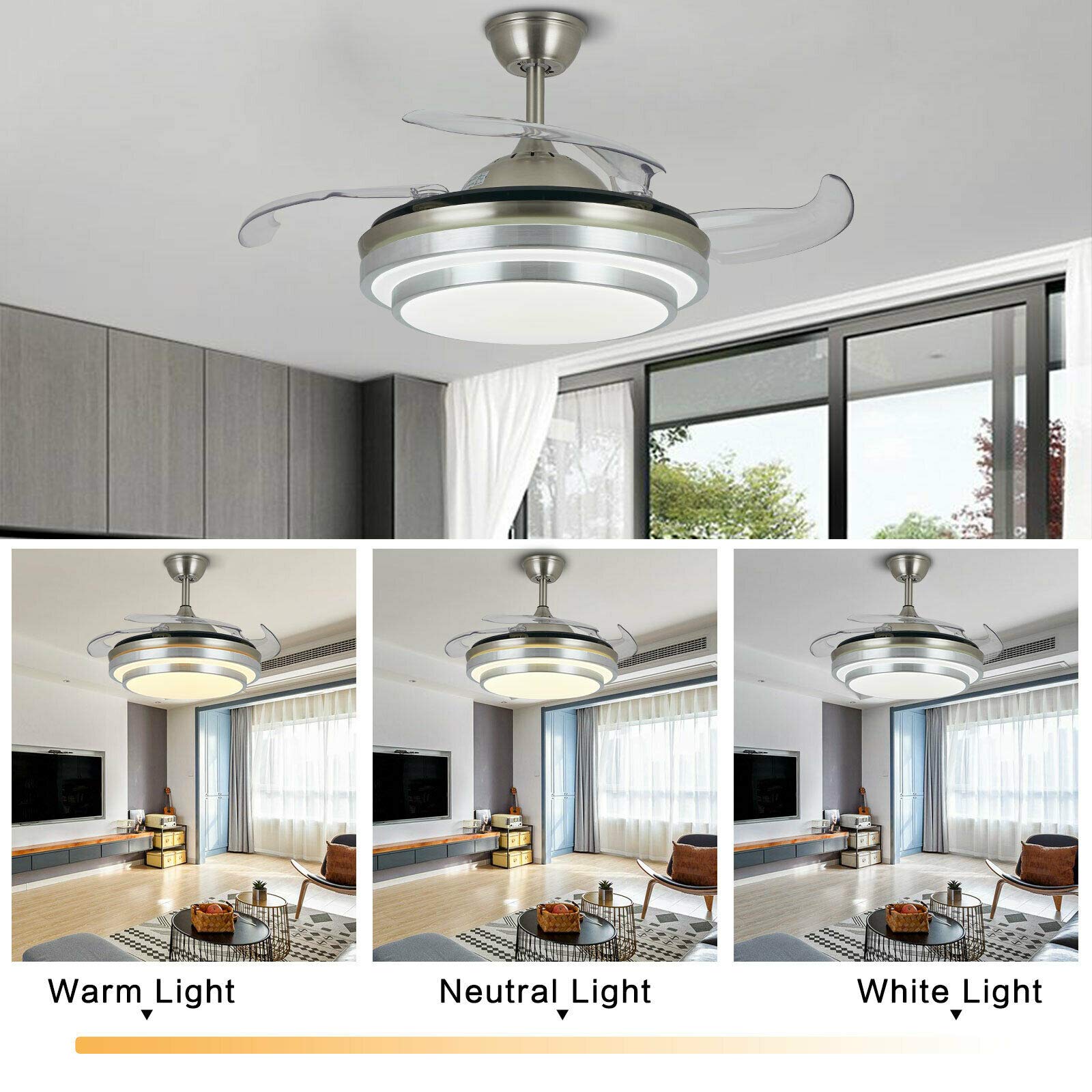 Ventilatore da soffitto moderno con illuminazione, luce a LED, telecomando retrattile con 3 ali retrattile, telecomando regolabile