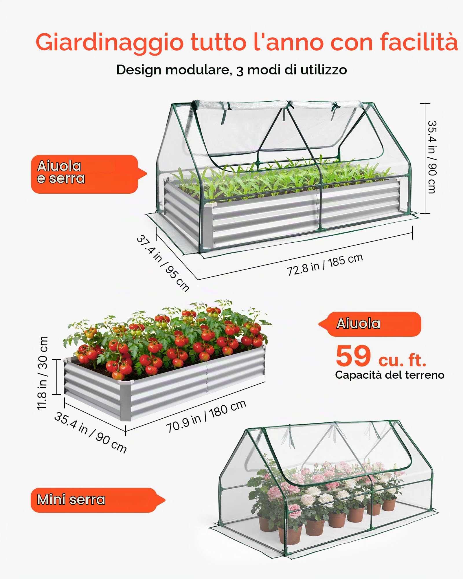 VEVOR Fioriera Rialzata con Copertura 1800x900x300 mm, Aiuola Rialzata Rettangolare per Giardinaggio in Metallo da Esterno Fioriera Serra per Coltivazione Fiori Verdure Piante Orto Giardino