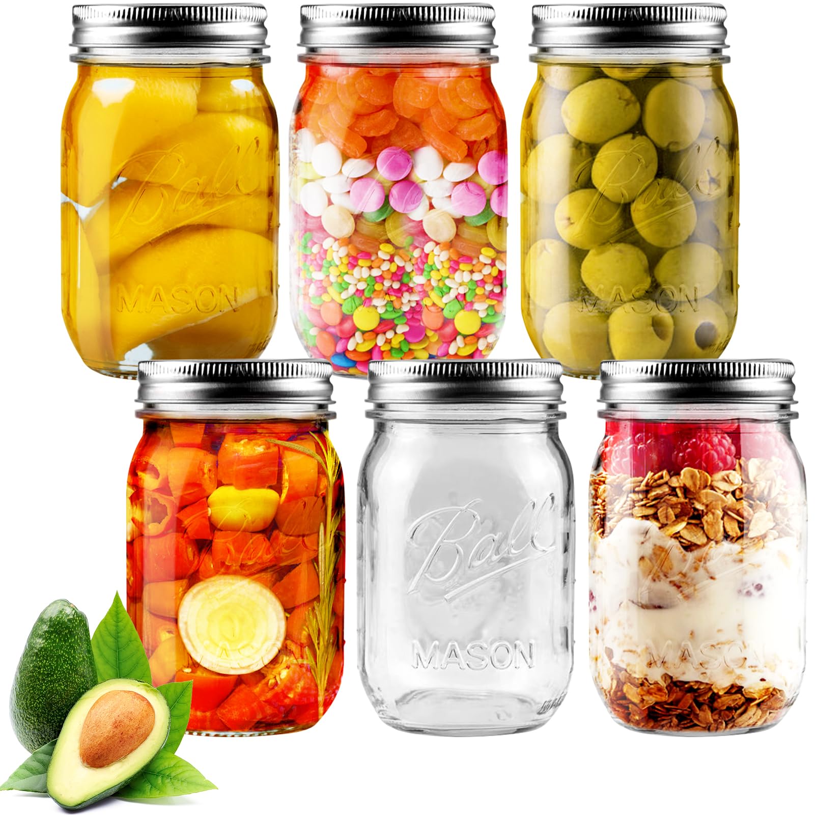 Showvigor 6 Pack Regular Mouth Mason Jars 16oz Glass Canning Jars with Airtight Lids for Preserving, Jam, Honey, Jelly, Wedding Favors, Sauces, Meal Prep, Overnight Oats, Salad, Yogurt