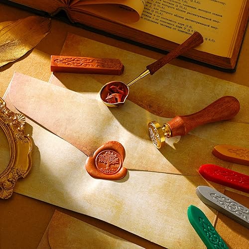 Miniatura 5 de Juego de 33 piezas de papel vintage y sobres, incluye 12 cartas, 12 sobres, sellado, 6 palitos de cera, sellos, velas de té y cuchara de cera