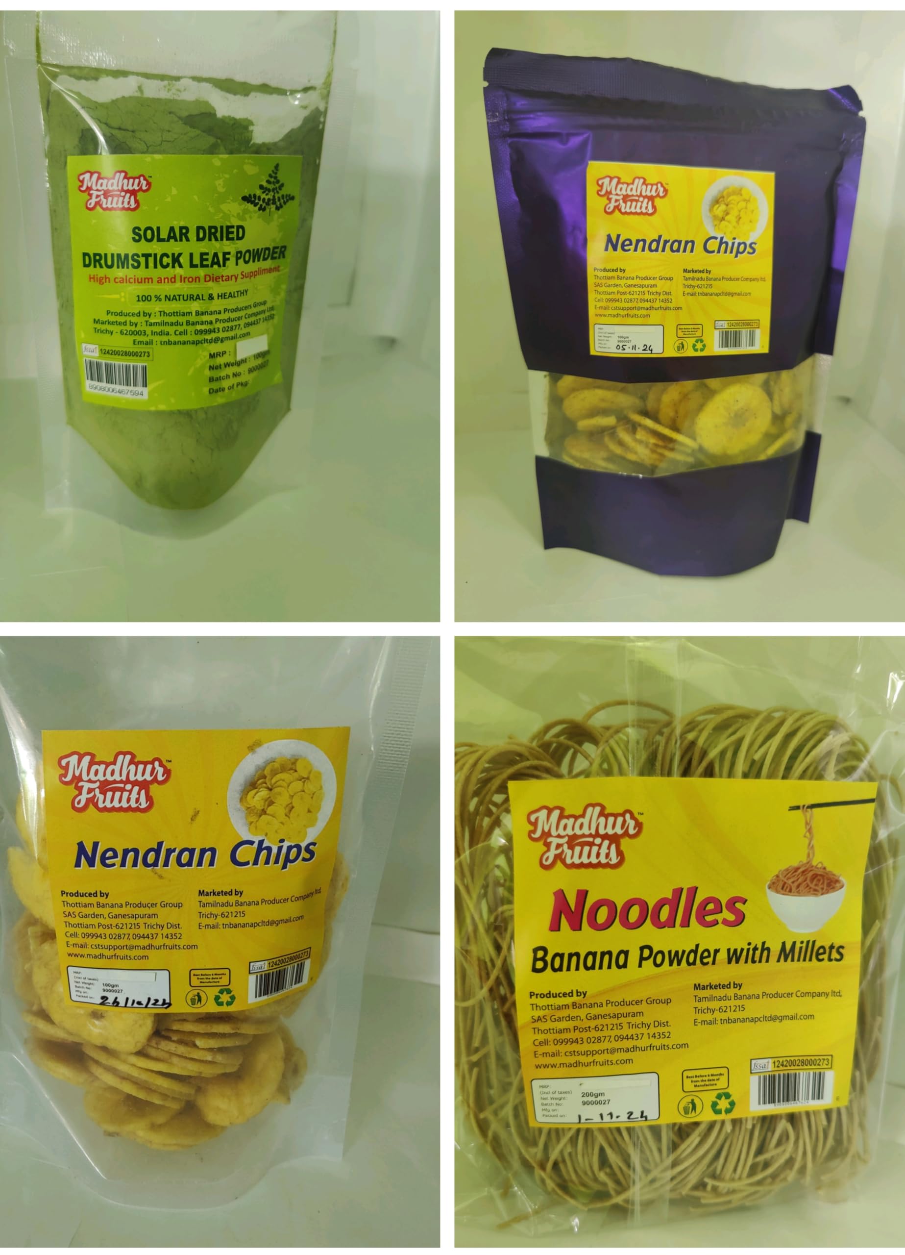 Madhur Fruits Noodles with Banana Powder and Millets, Banana Chips Nendren - Salted, Banana Chips Nendren - Pepper, and Solar Dried Drumstick Leaf Powder