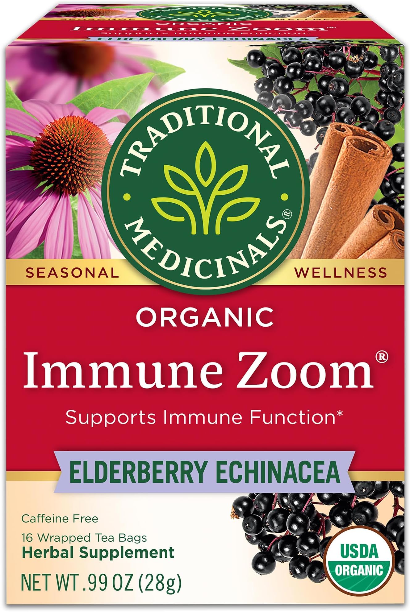 Tea, Organic Immune Zoom Elderberry Echinacea - Supports Immune Function - Kosher, Non-GMO, Caffeine-Free, Compostable - 16 Tea Bags
